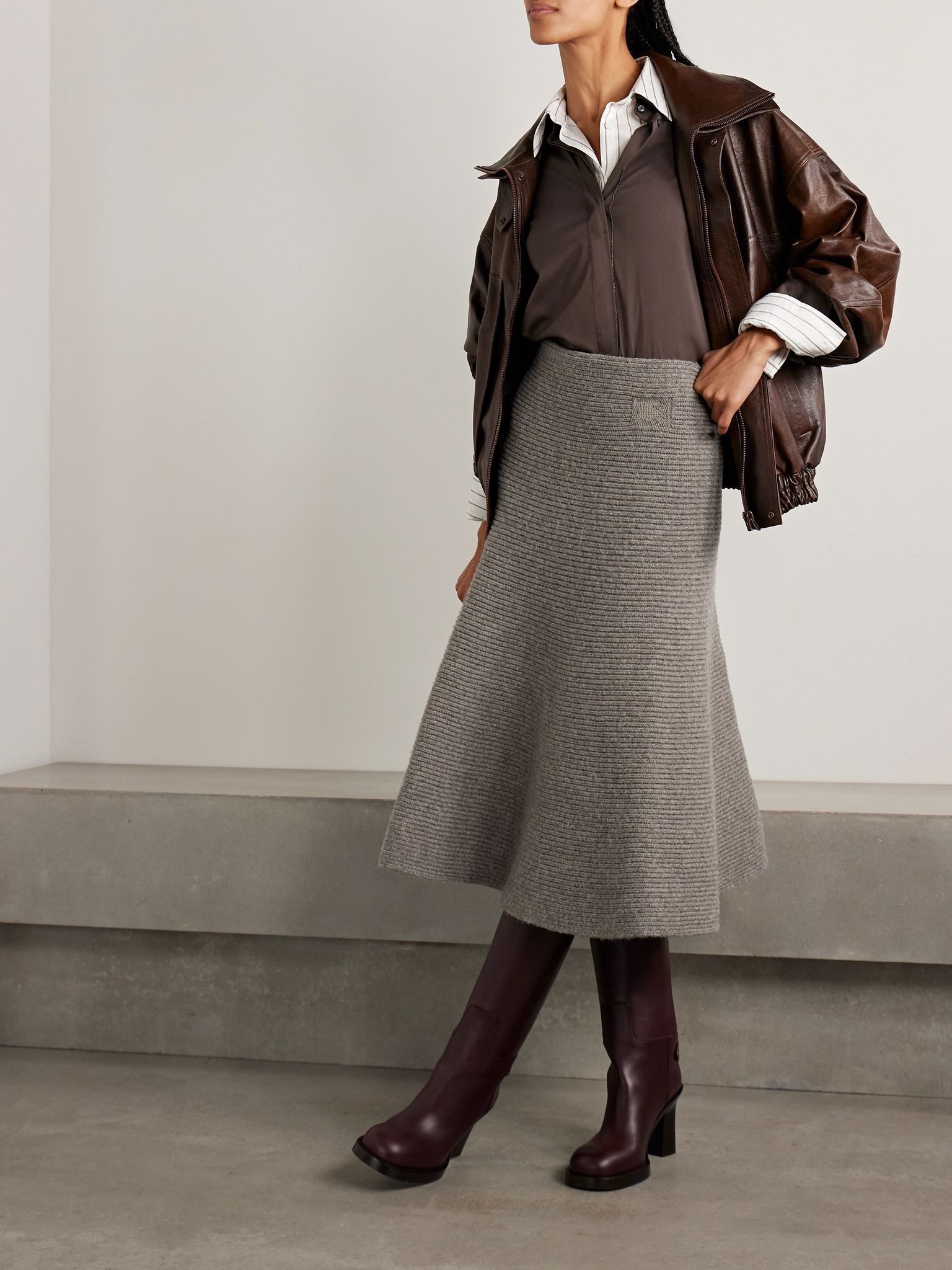 Ribbed wool-blend midi skirt Mushroom - 2