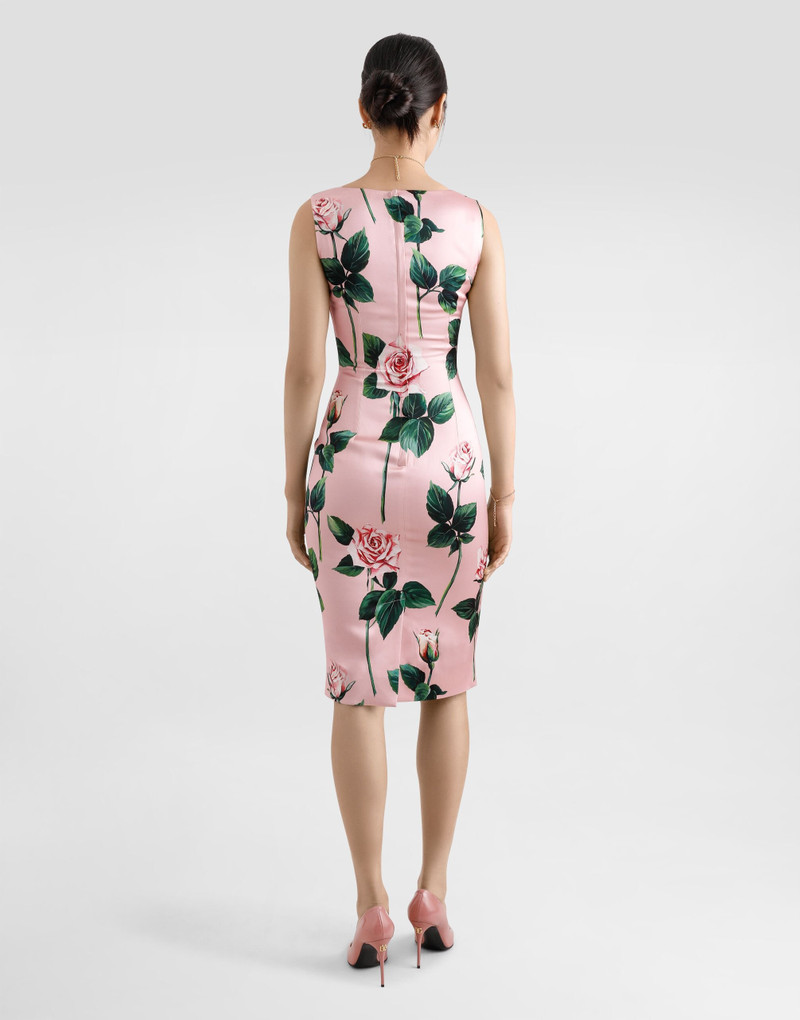 Satin calf-length sheath dress with rose print 3