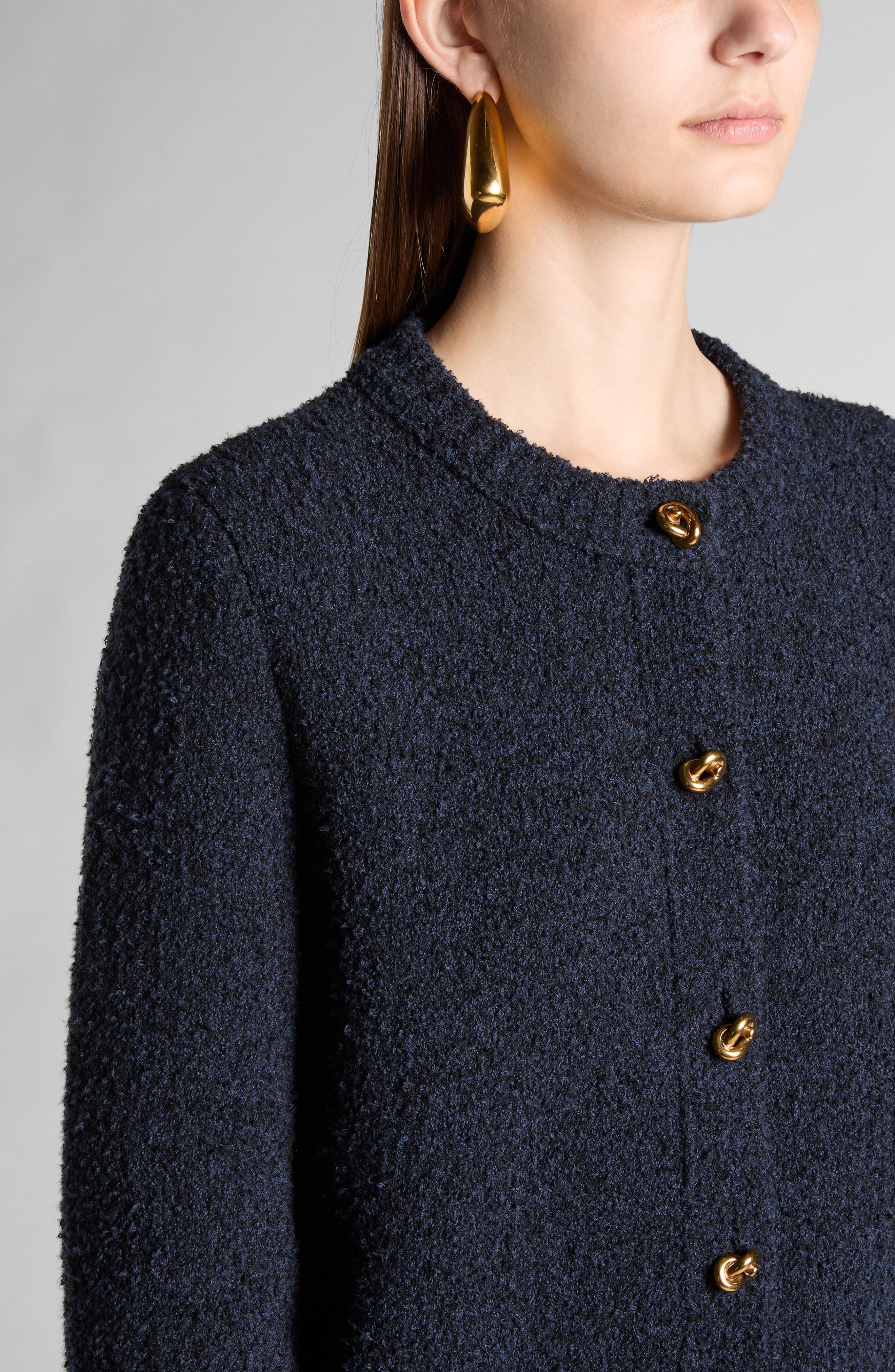 Bottega Veneta Knot Button Bouclé Cardigan in 4121 Navy at Nordstrom - 5