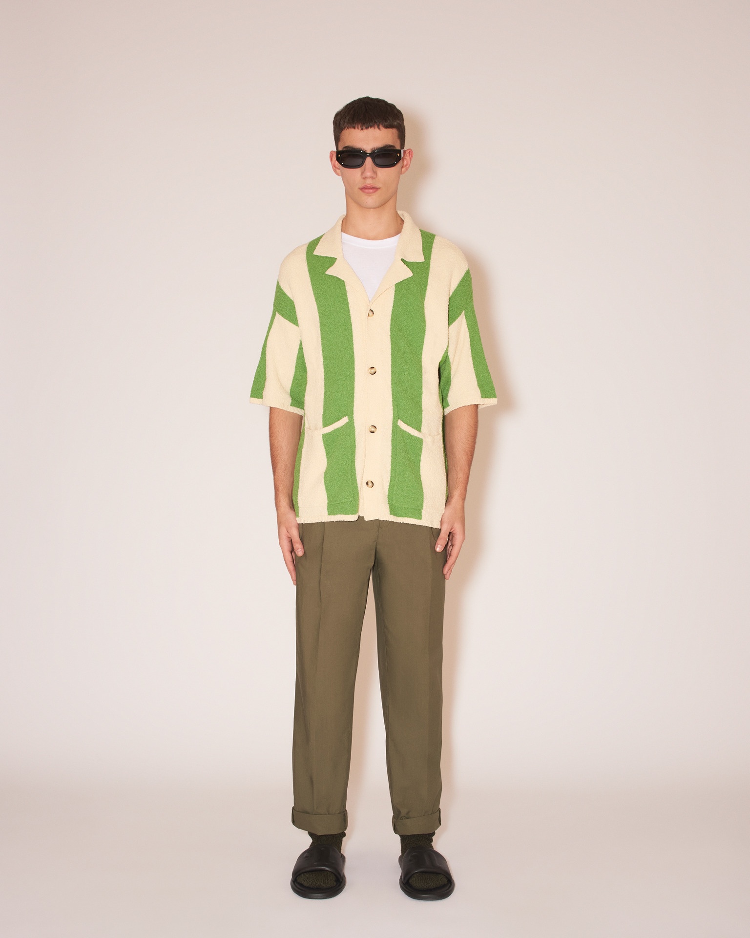 JEFF - Terry-knit button-down knit - Creme/green - 3