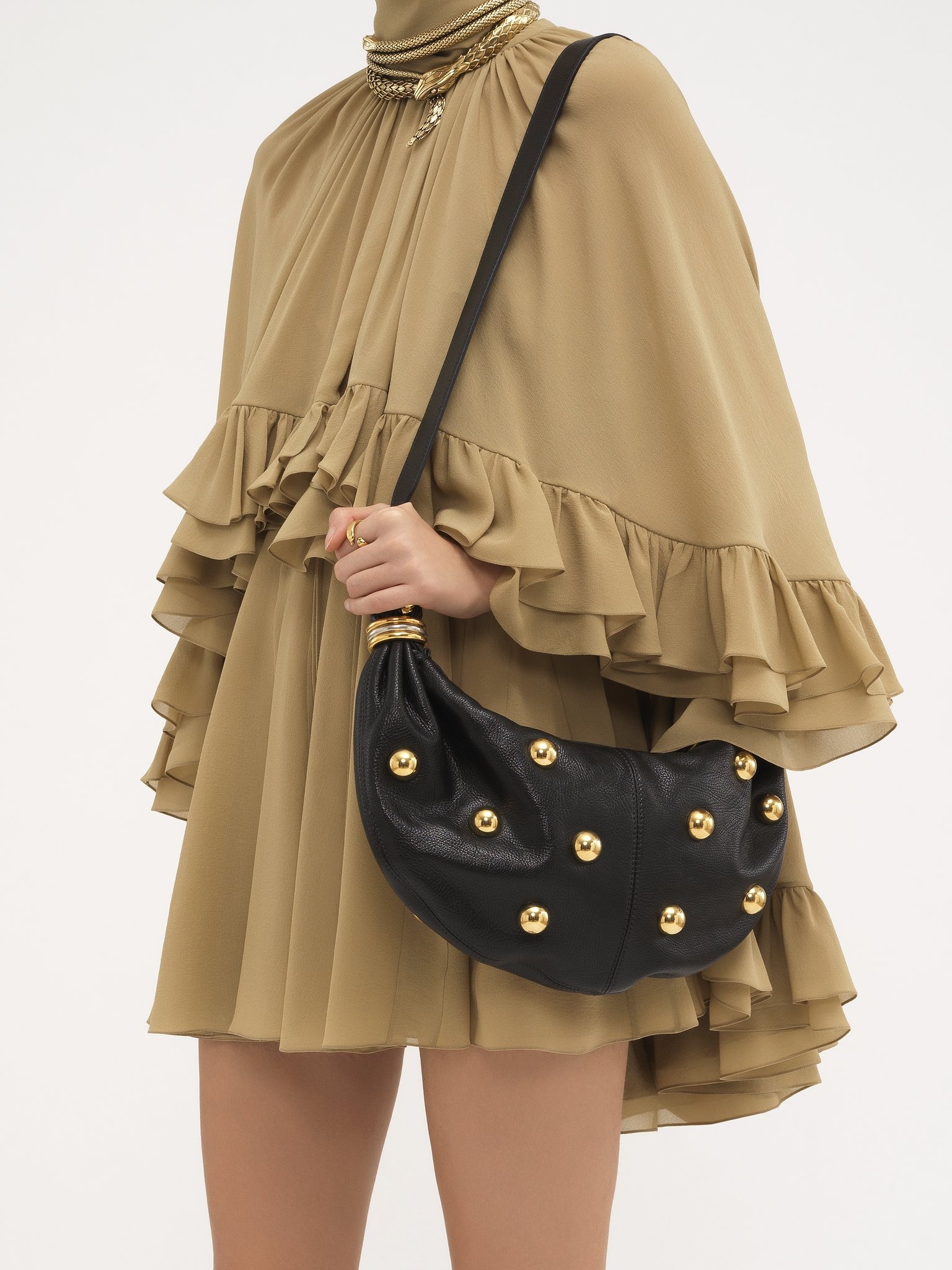 SMALL BRACELET HOBO BAG IN GRAINED LEATHER WITH STUDS - 7