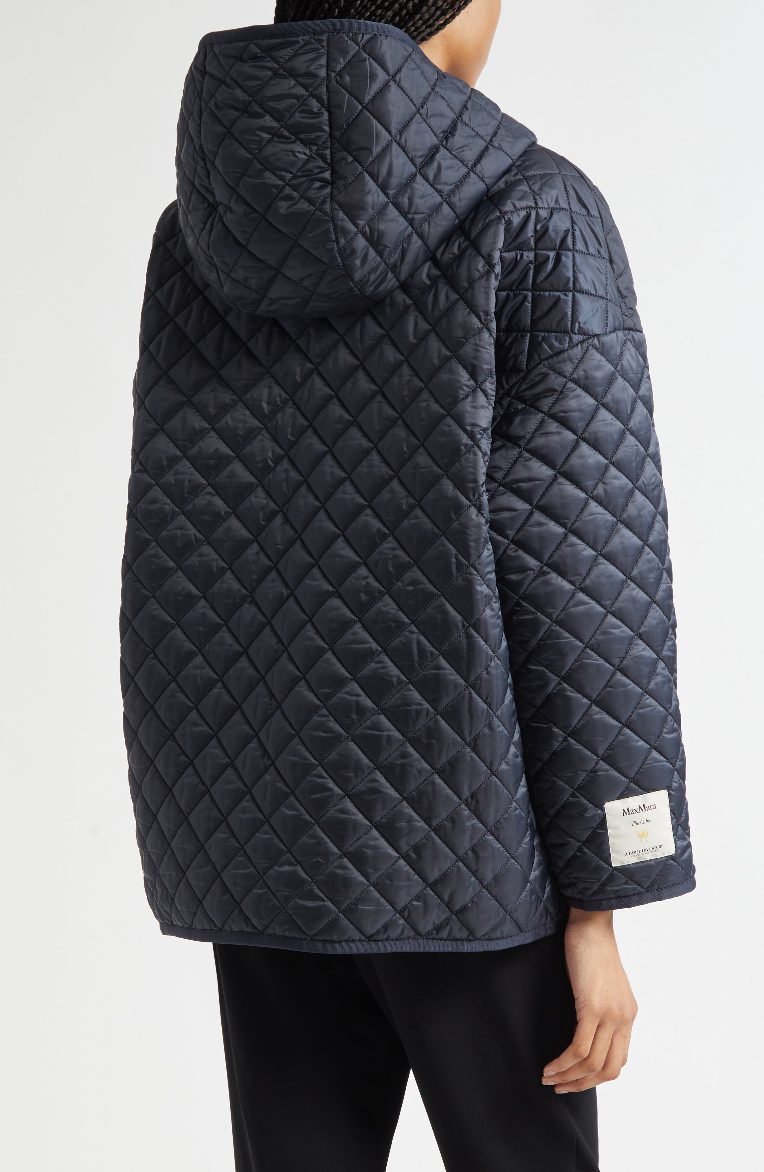 Max Mara Leo Diamond Quilted Cameluxe Hooded Jacket in Midnight Blue at Nordstrom - 2