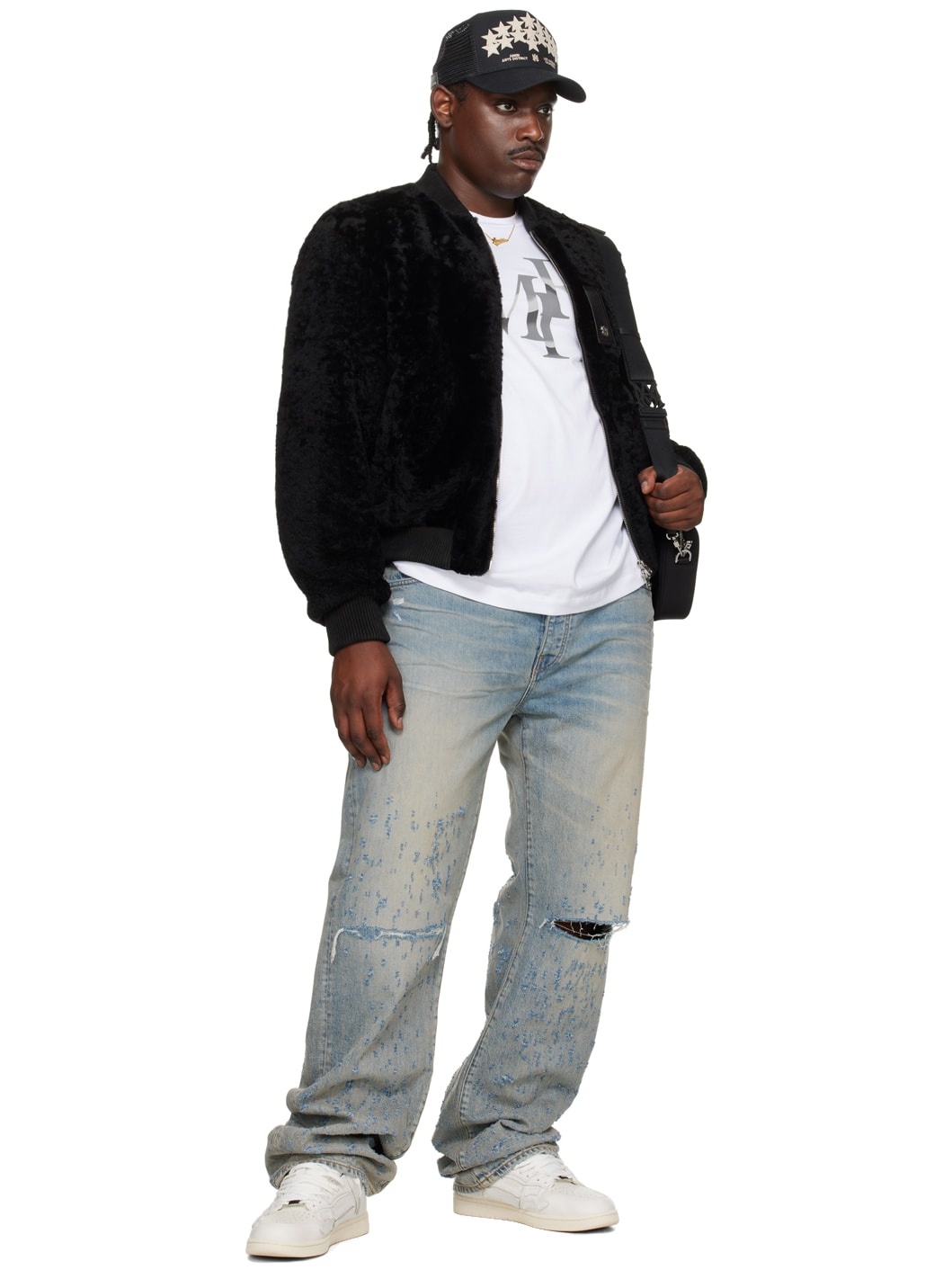 Black Zip Front Shearling Bomber Jacket - 4