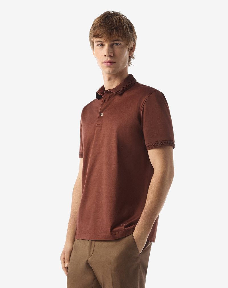 CORNELIANI Burned earth button-up lisle thread polo shirt outlook