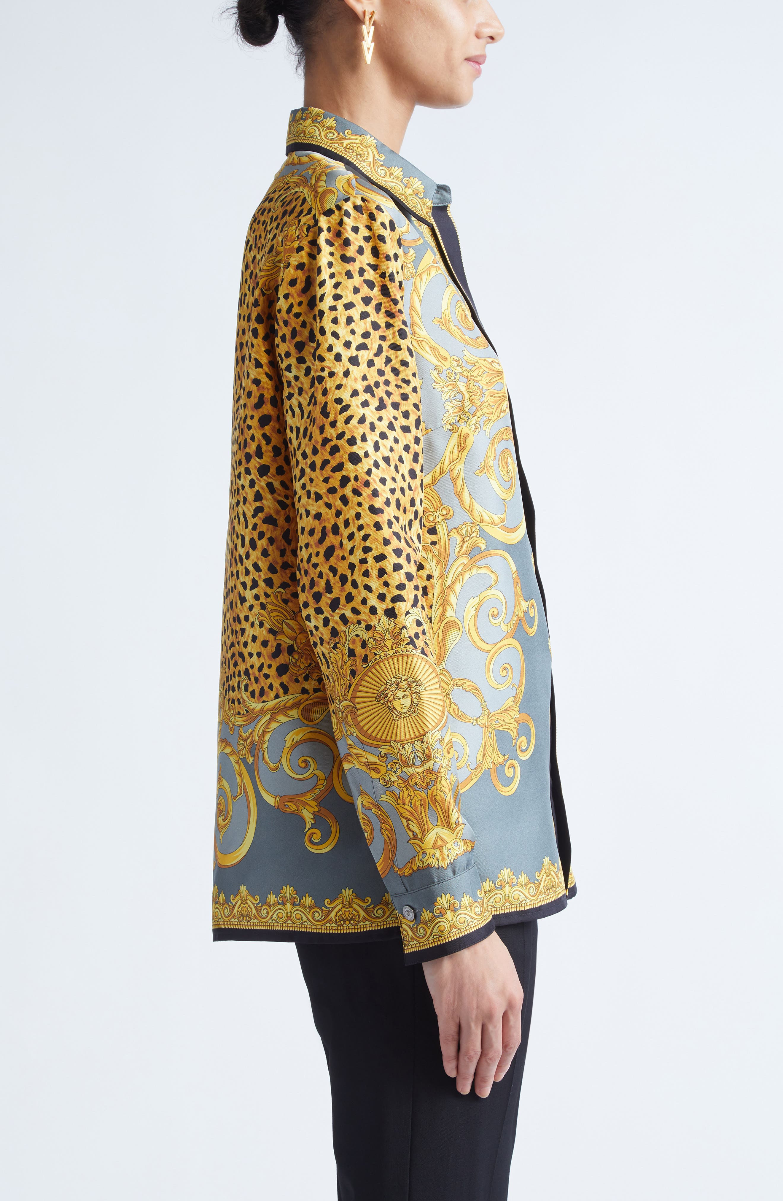Versace Formal Cheetah Barocco Print Silk Button-Up Shirt in Light Grey Elephant Grey at Nordstrom - 4
