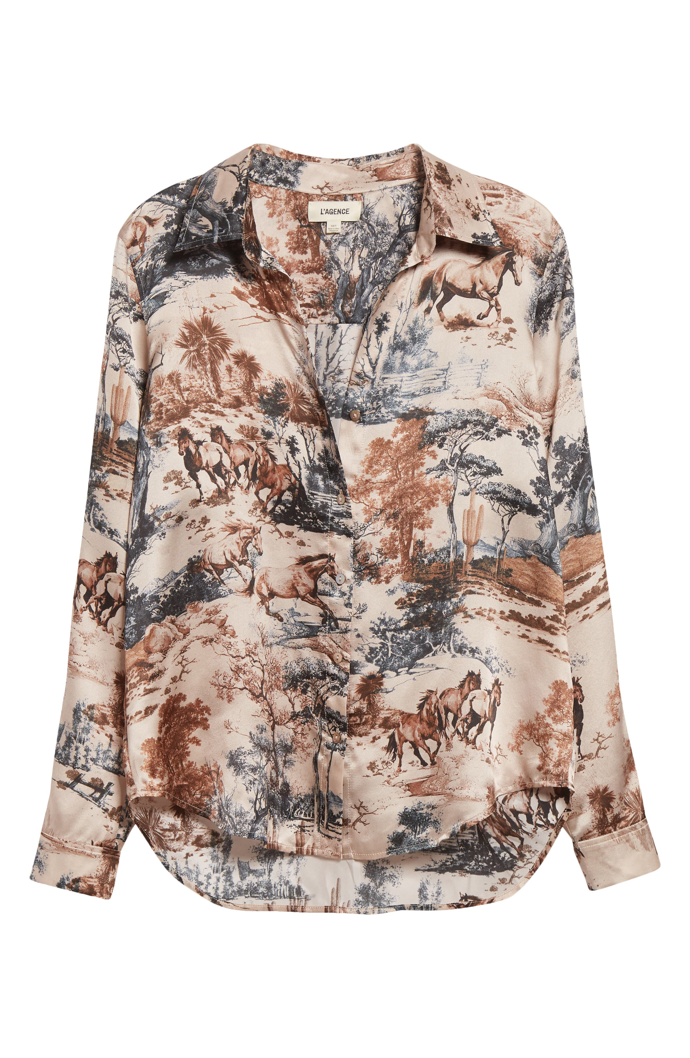L'AGENCE Tyler Print Silk Button-Up Shirt in Tan Mt Western Toile at Nordstrom - 6