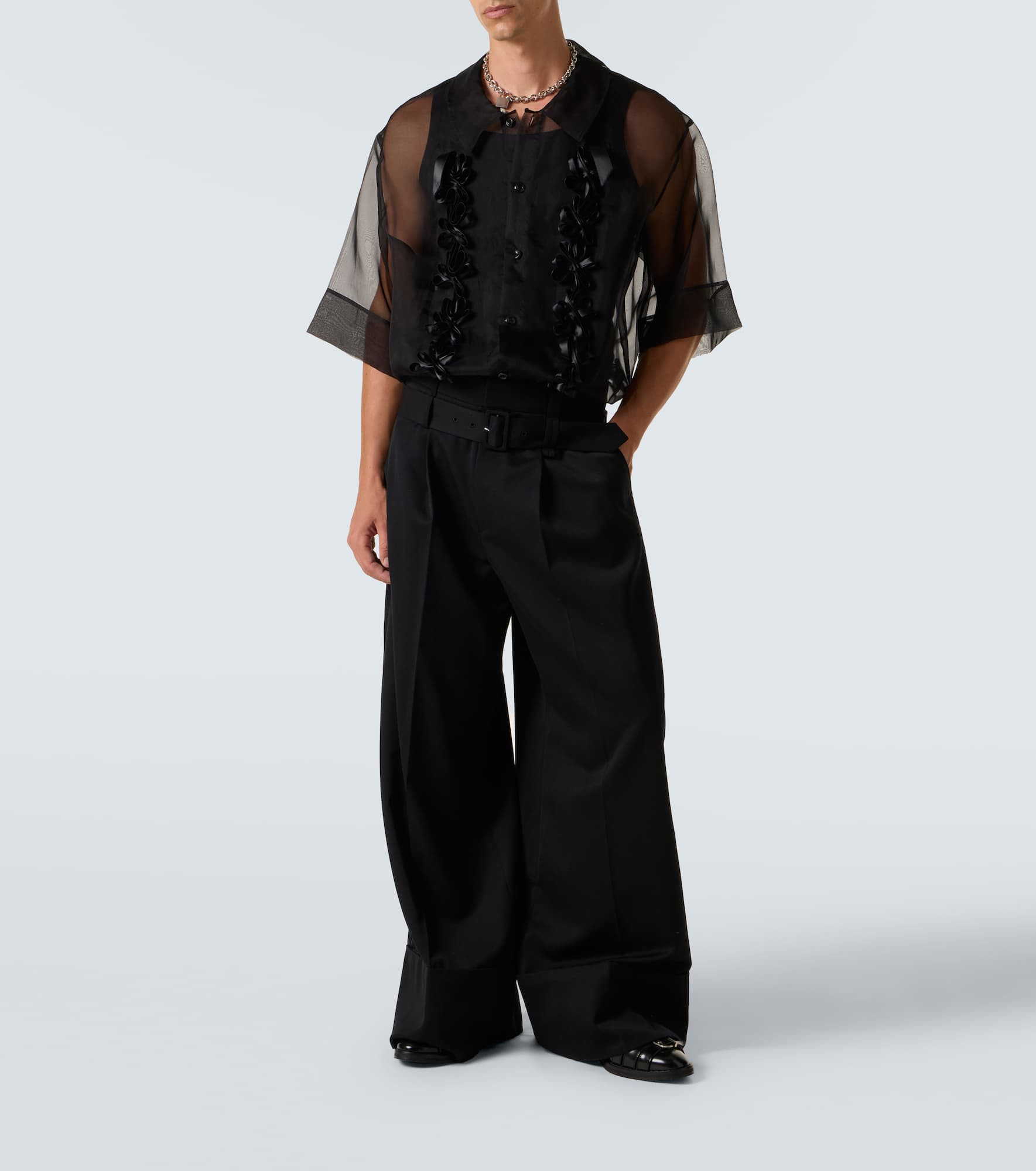 Floral-appliqué sheer silk shirt - 2