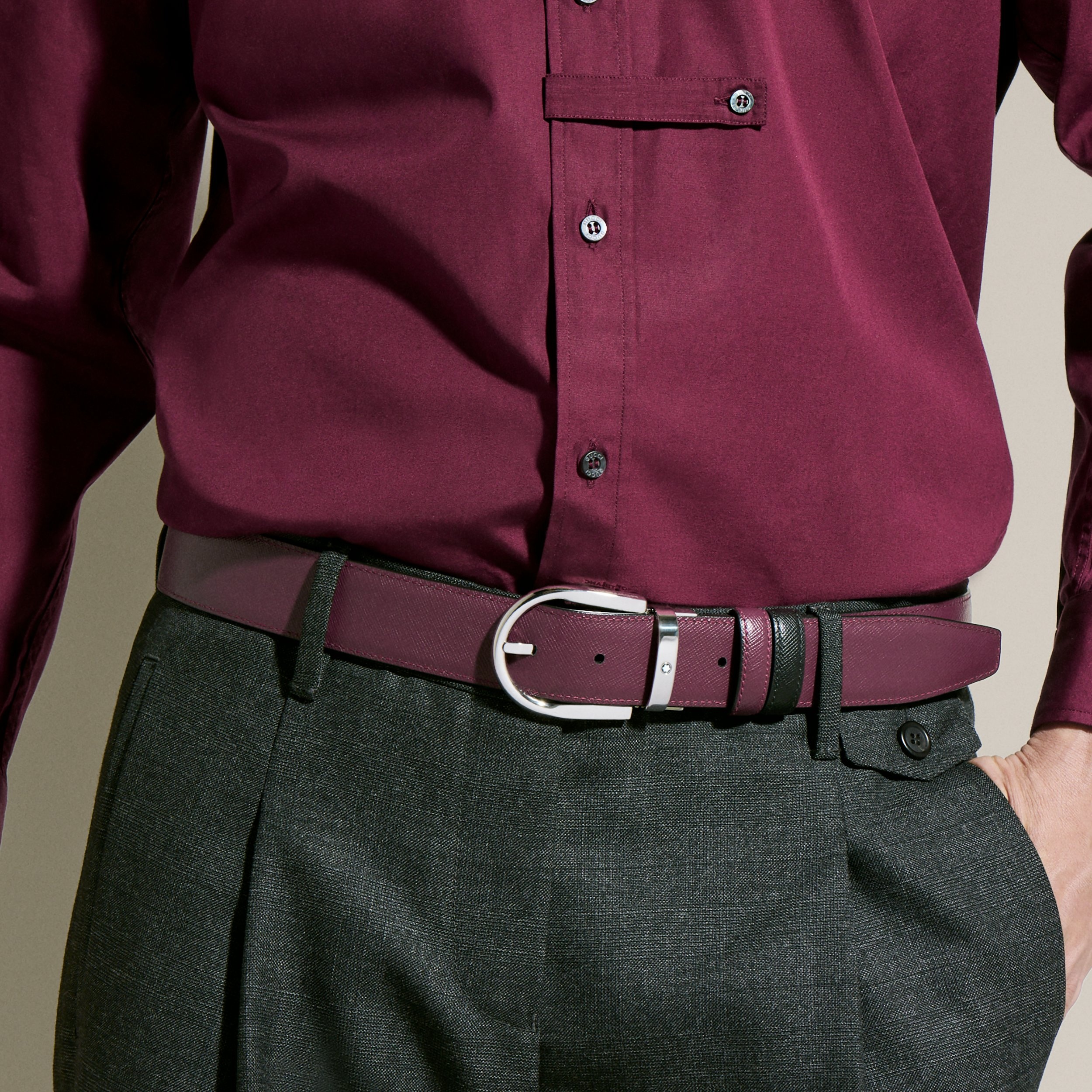 Horseshoe buckle black/cassis 35mm reversible leather belt - 5