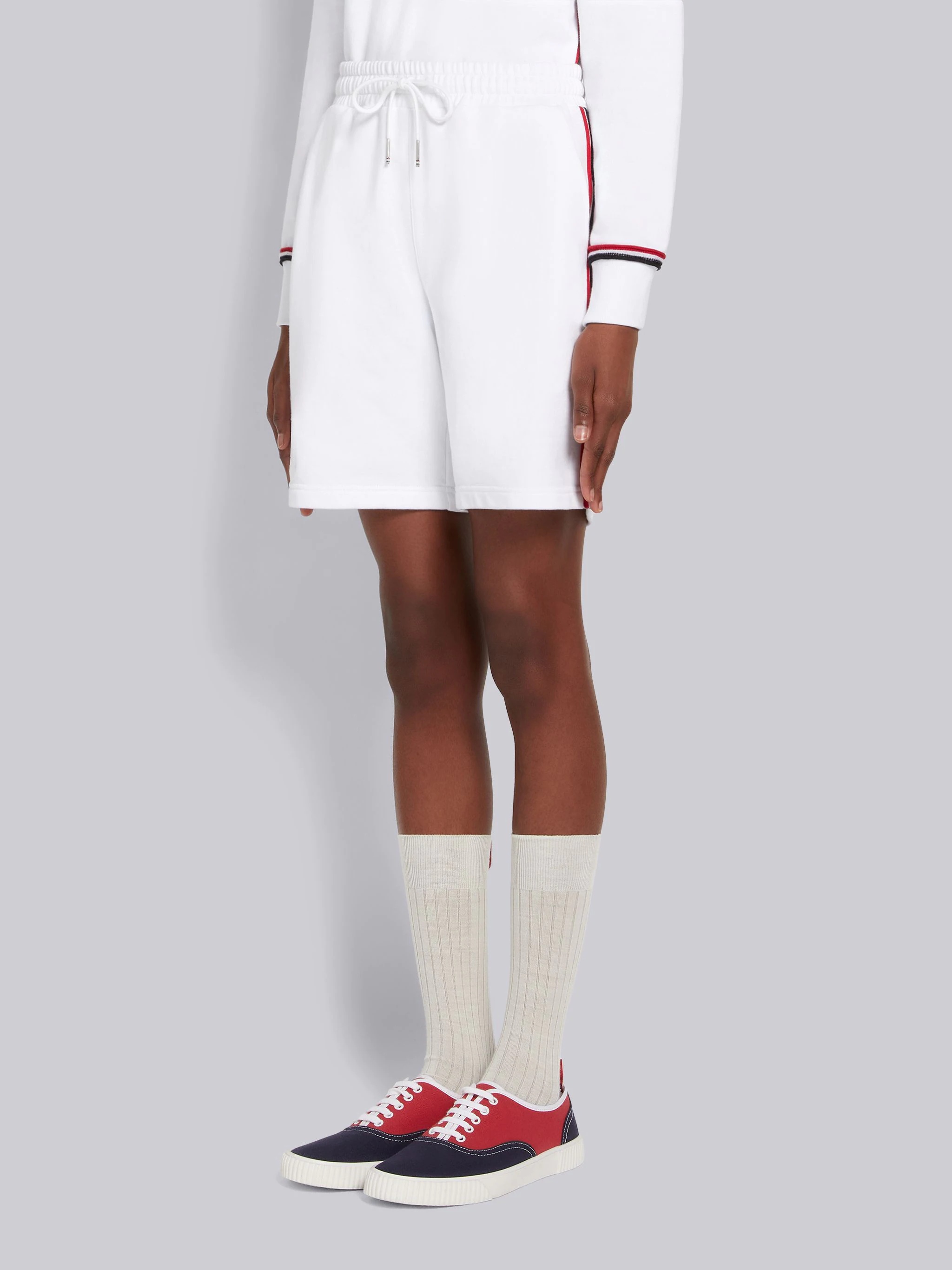 White Cotton Loopback Contrast Stripe Framing Mid-thigh Shorts - 2