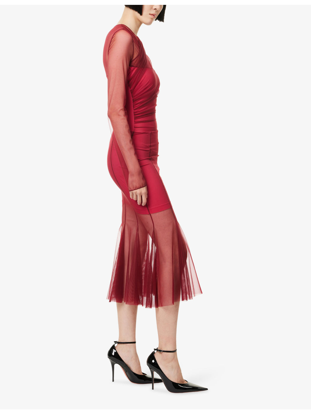 Long-Sleeve Gathered Mesh Woven Midi Dress - 3