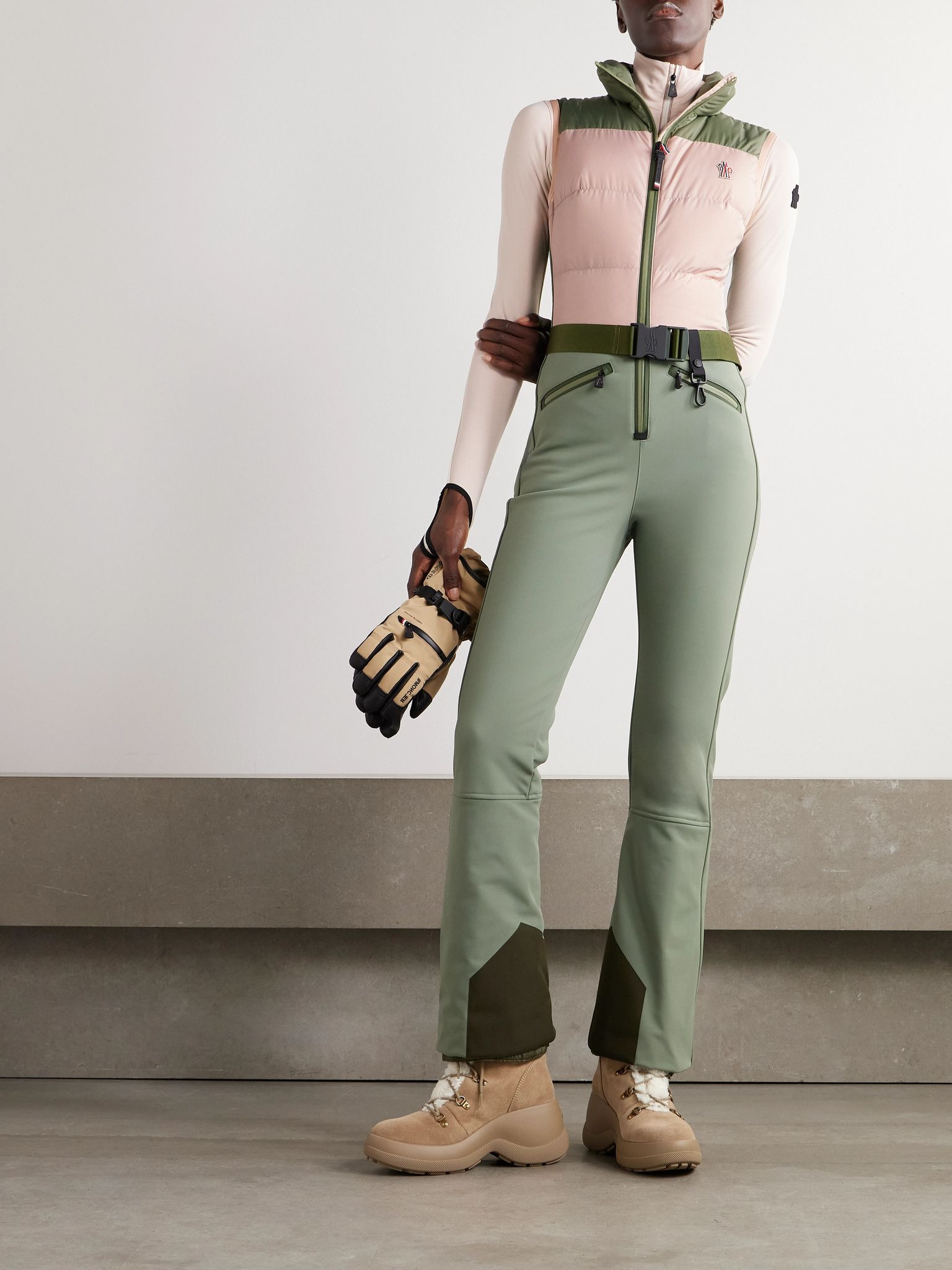 Belted paneled quilted down ski suit Green - 2