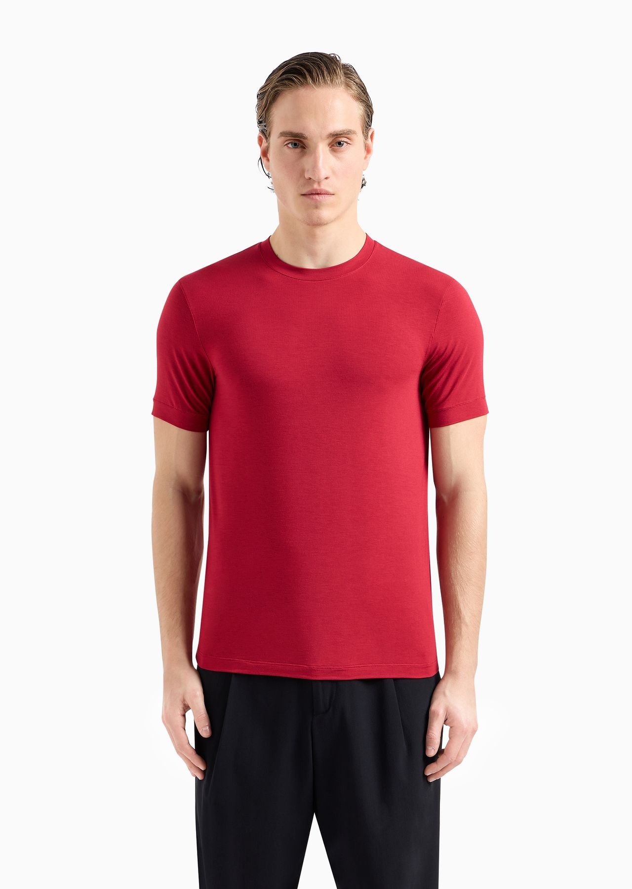 Crew-neck short-sleeved T-shirt in stretch viscose jersey - 2