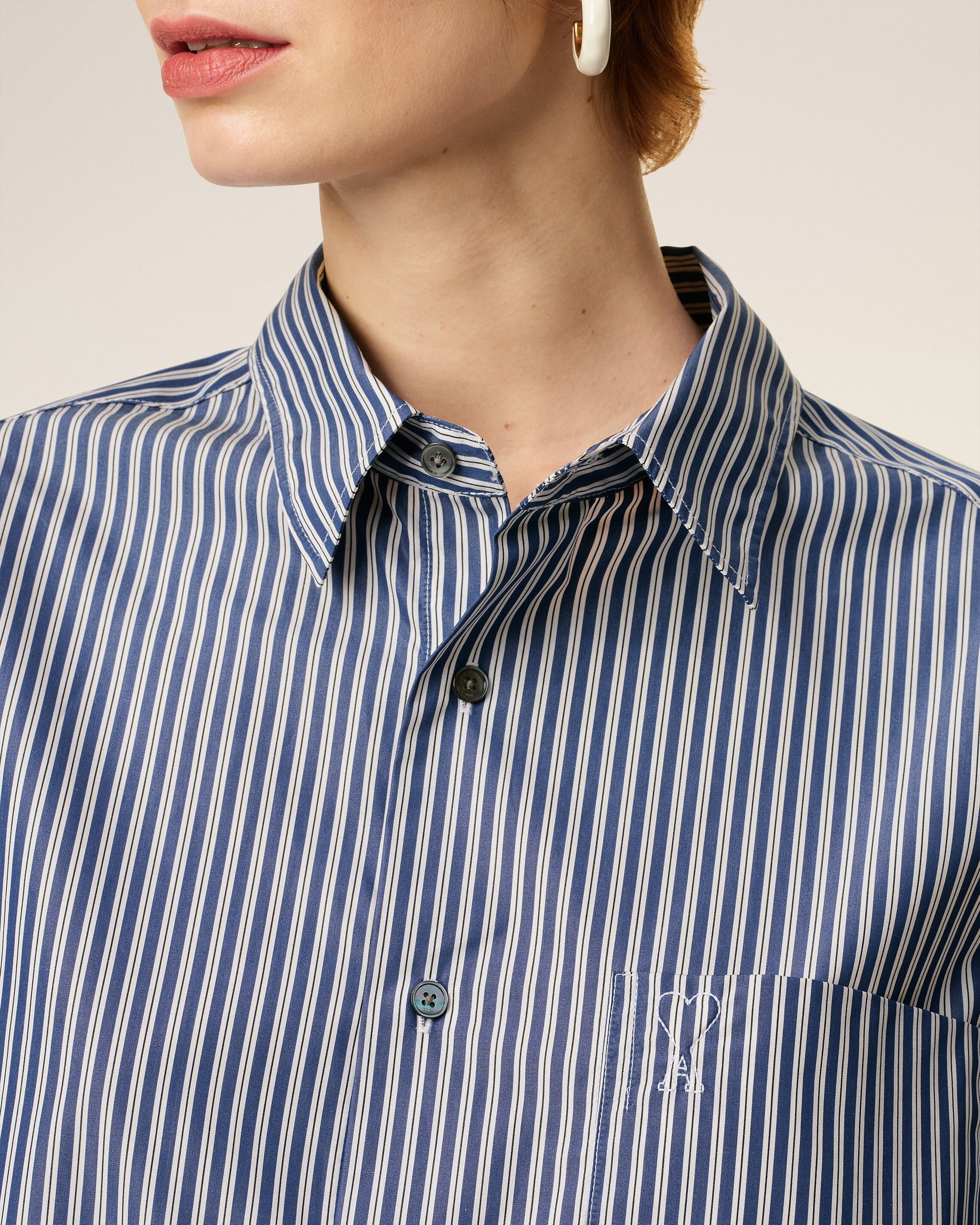 BLUE COTTON EMBOSSED STRIPED AMI DE COEUR BOXY SHIRT - 8