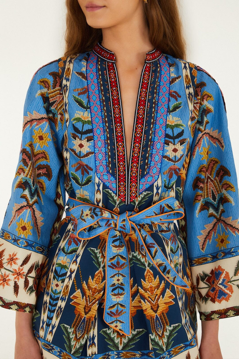 Blue Embroidered Tapestry Organic Cotton Mini Dress 3