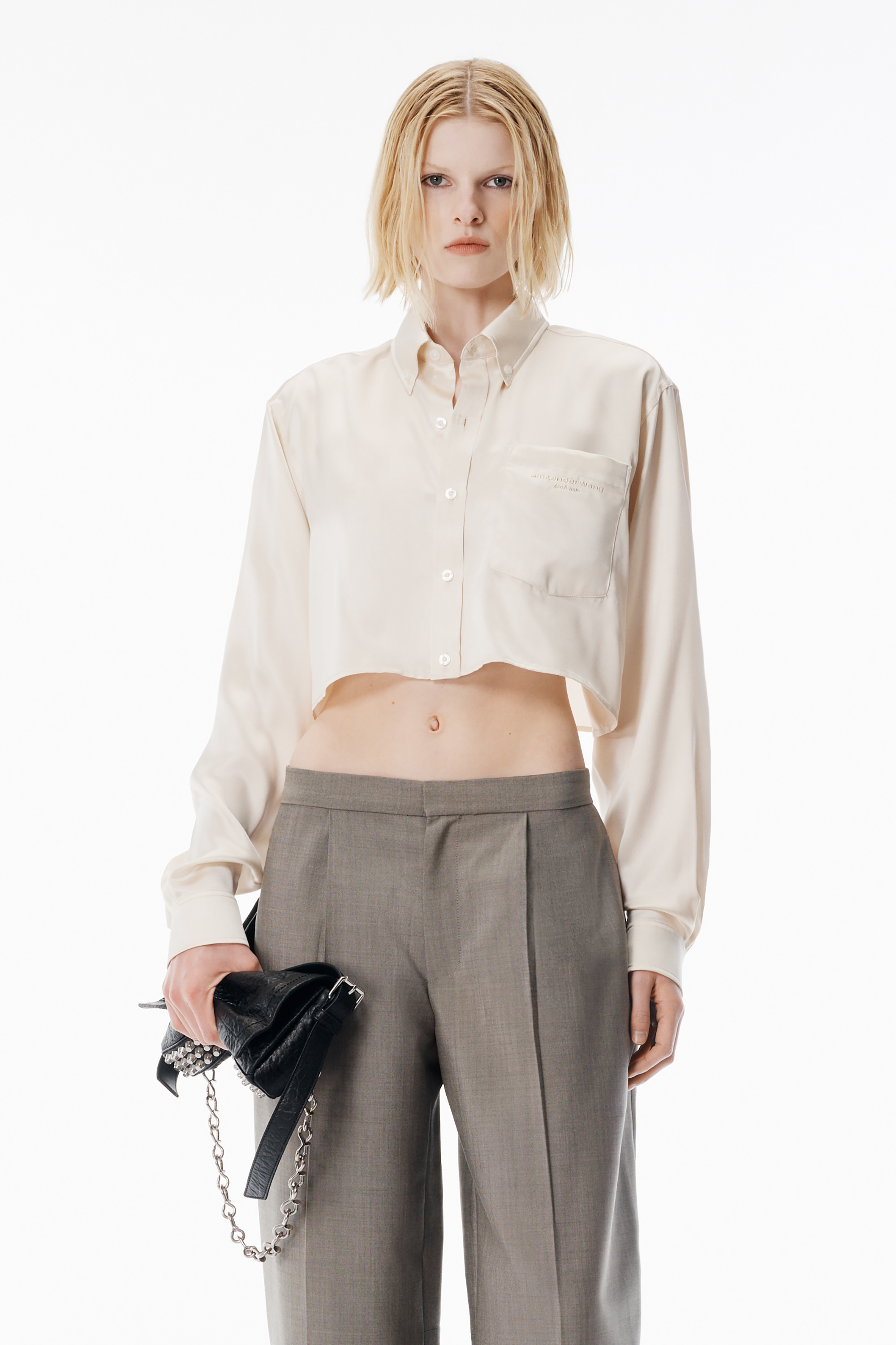 Ivory Silk Charmeuse Cropped Shirt - 2