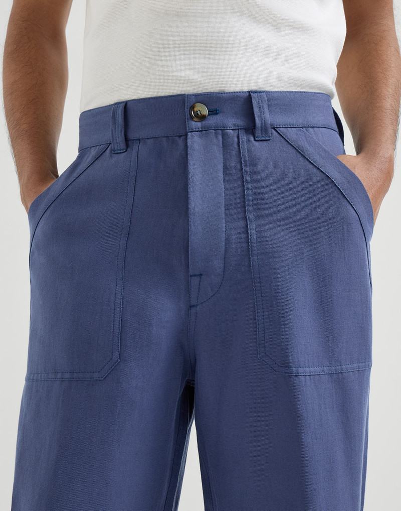 Linen and cotton drill trousers with patch pockets and drawstring 4
