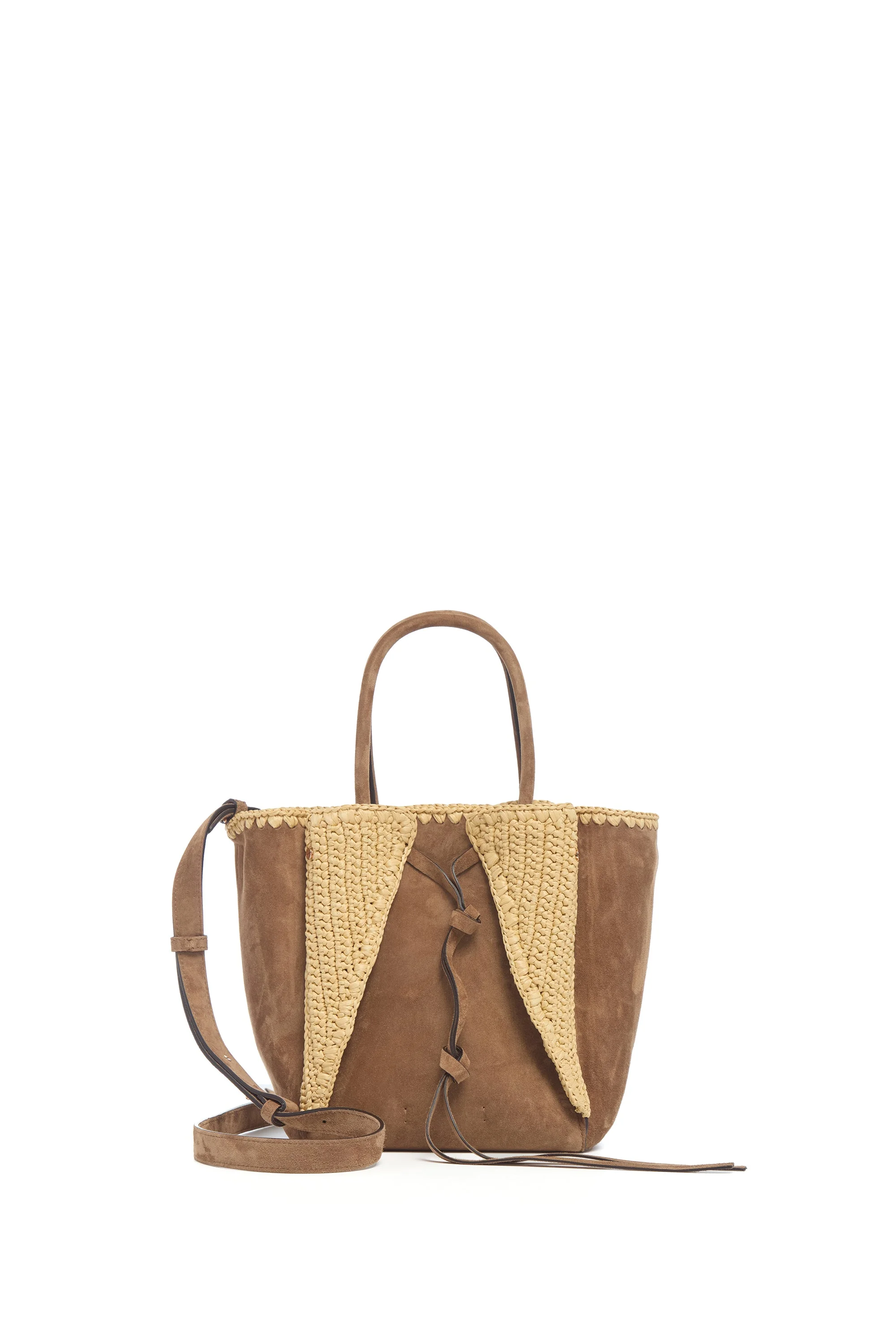 Small Marija Tote Bag in Dark Sand Suede & Raffia - 1