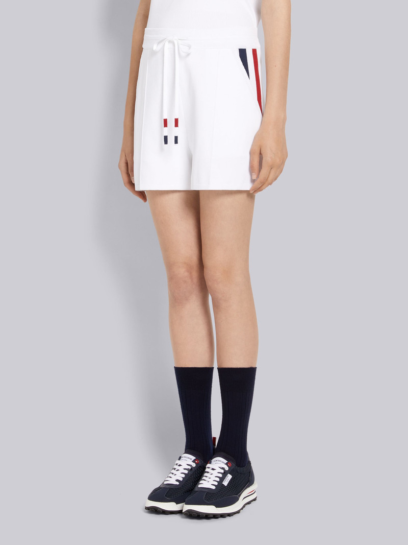 Thom Browne White Stretch Viscose Intarsia Side Stripe Pintuck Mid-thigh Shorts outlook