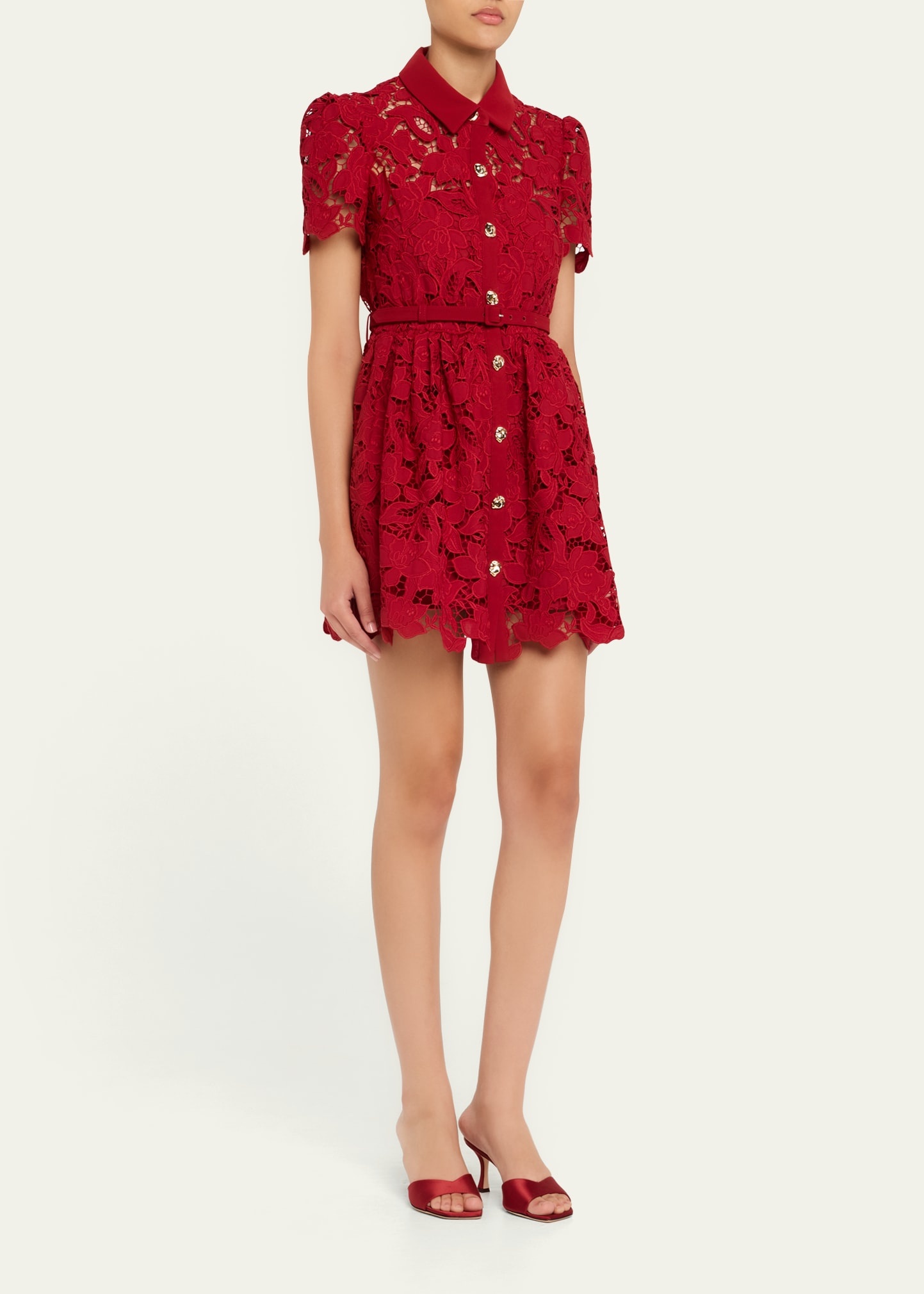 Belted Floral Lace Mini Shirtdress - 4