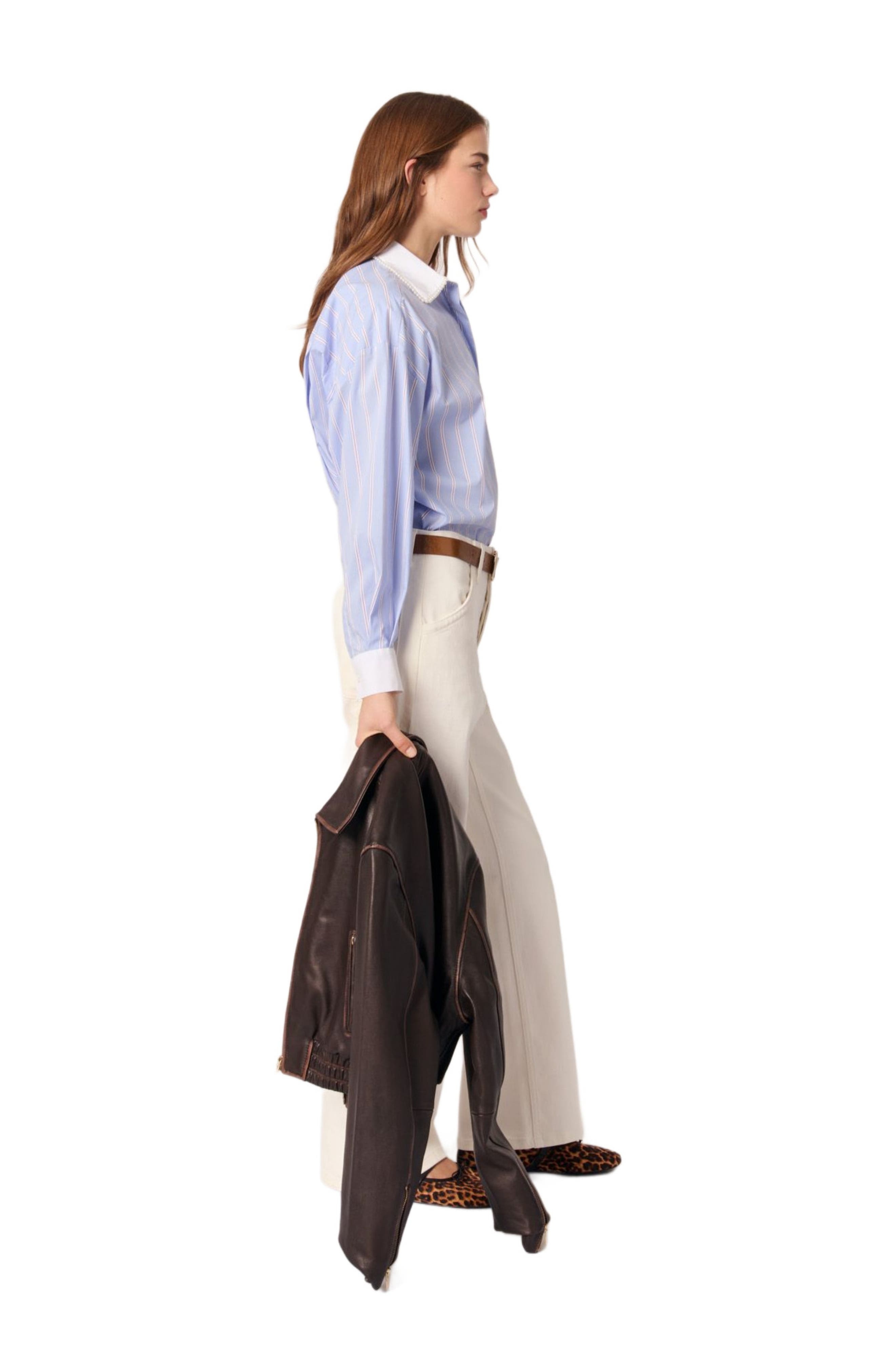 maje Striped shirt with beaded collar in Light Blue Stripes at Nordstrom - 3