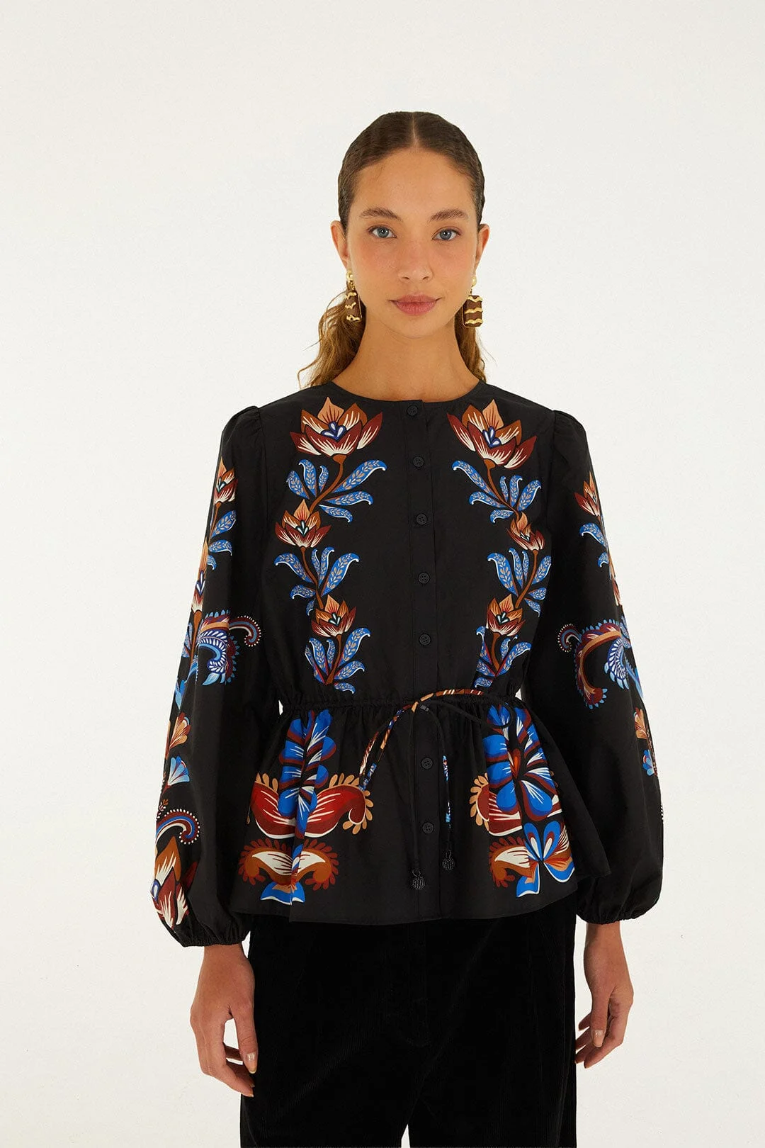 Energy Floral Drawstring Buttoned Blouse - 1