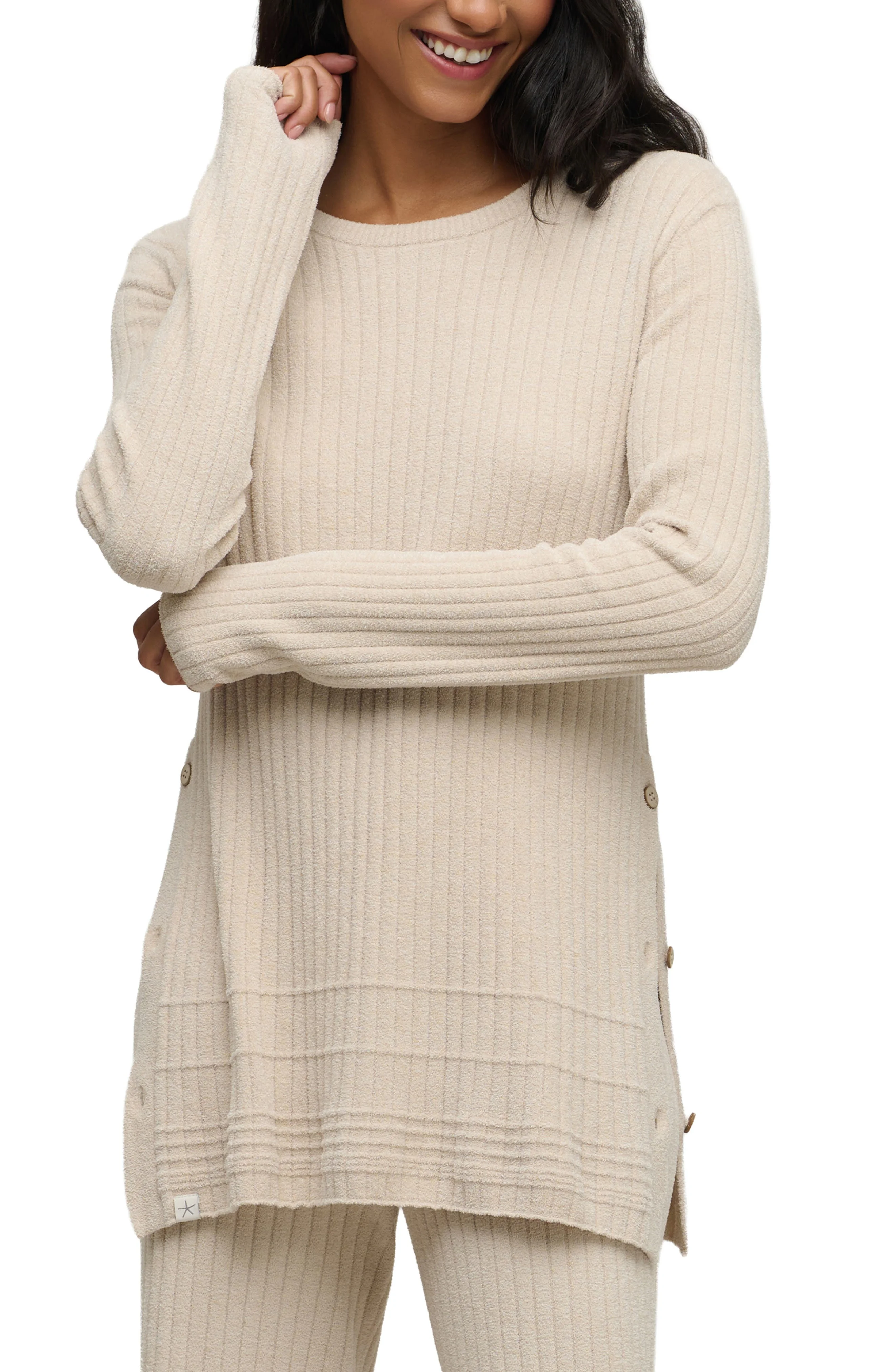 barefoot dreams CozyChic® Ultra Lite® Textured Ribbed Button Sweater in Stone - 1
