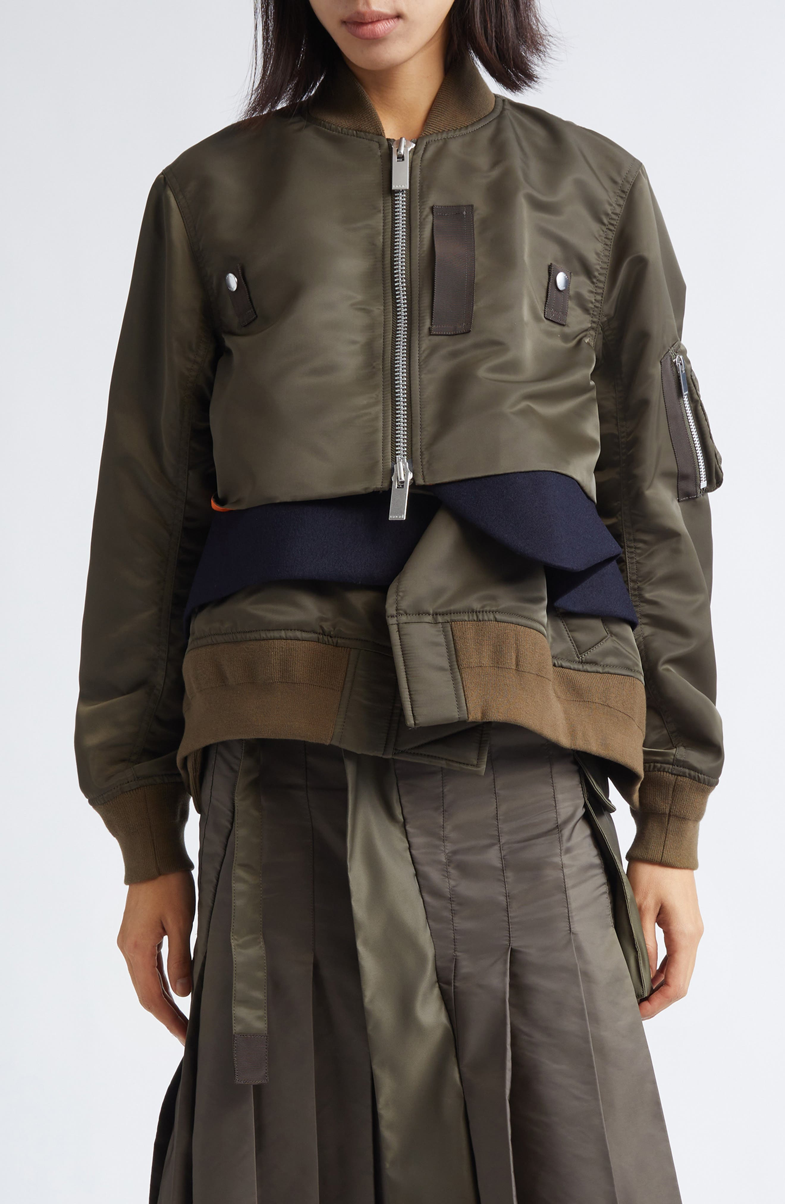 Sacai Nylon Twill & Wool Melton Blouson Jacket in Dark Khaki at Nordstrom - 1