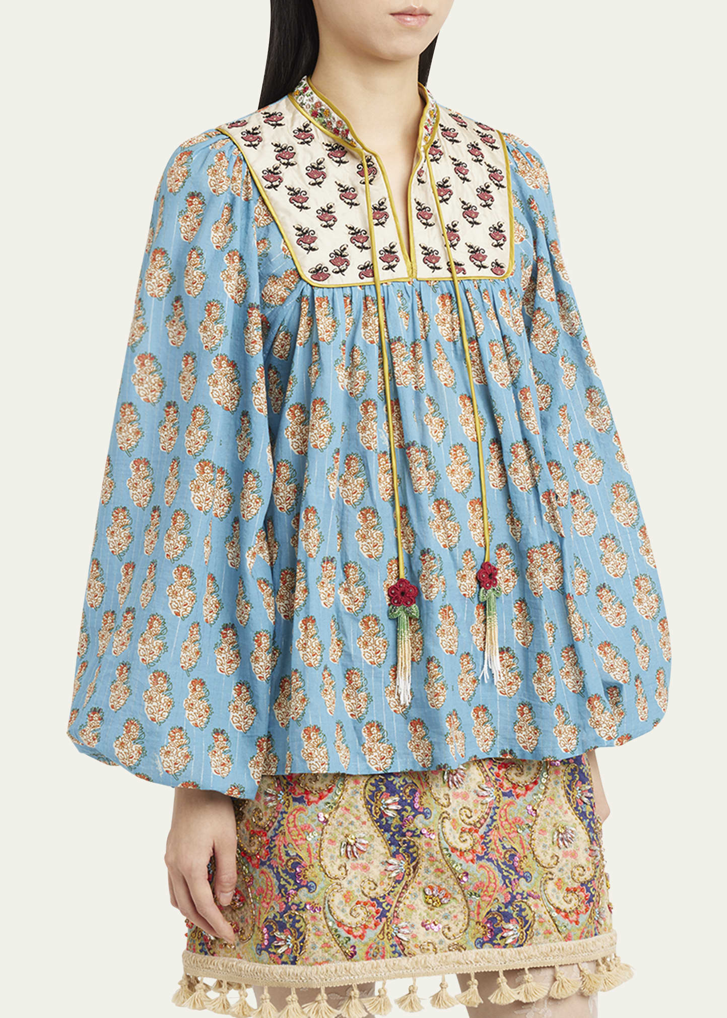 Beaded Pinstripe Floral-Print Blouse - 4
