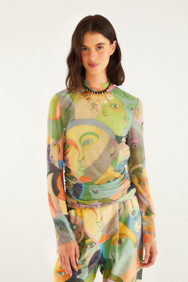 Crowded Series Drawing Long Sleeve Tulle Blouse 1