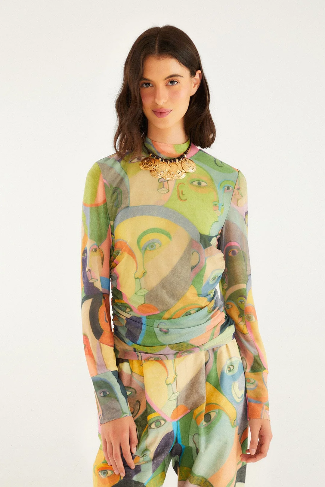 Crowded Series Drawing Long Sleeve Tulle Blouse - 1
