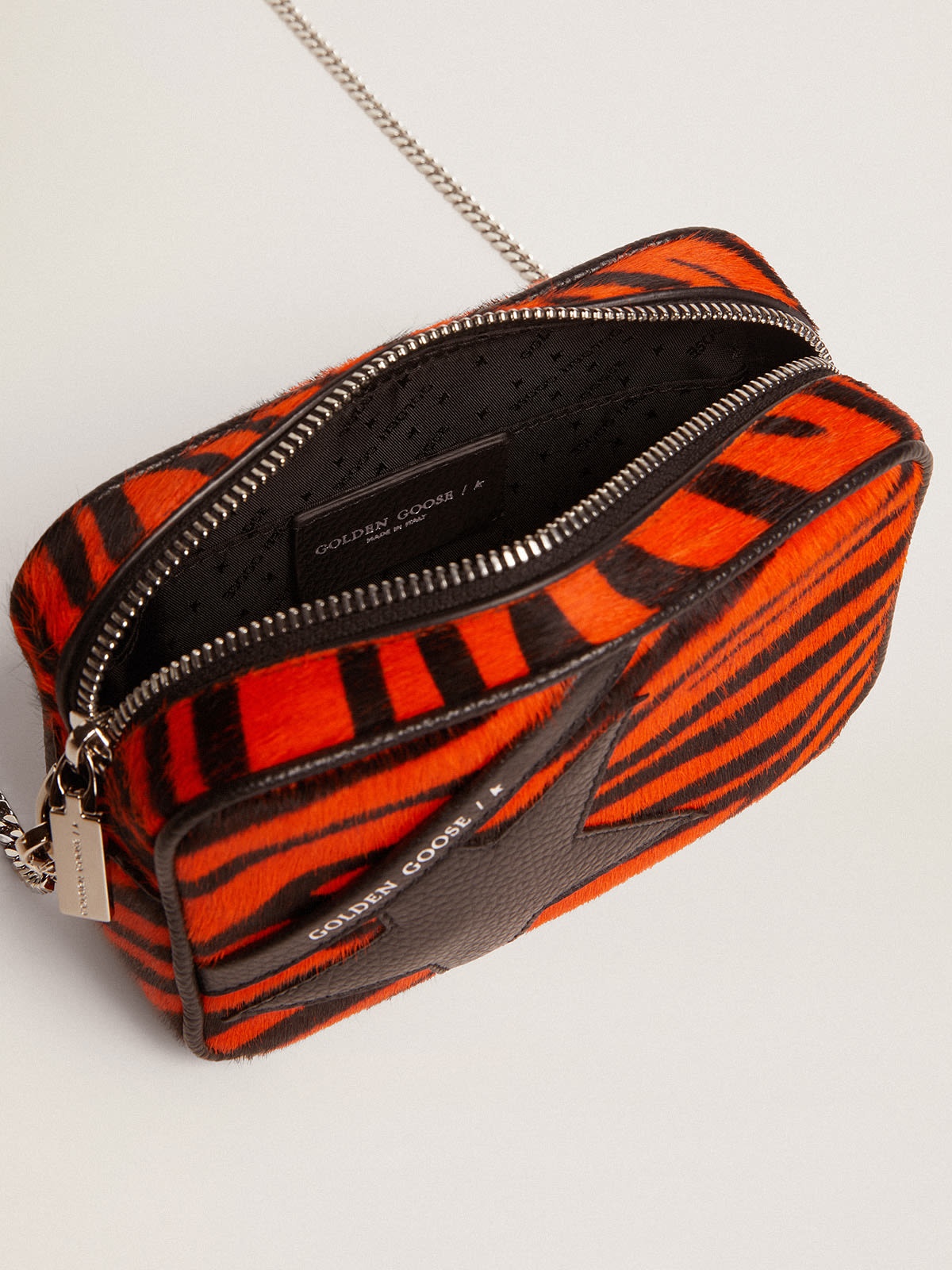 Mini Star Bag in orange tiger-print pony skin with black leather star - 4