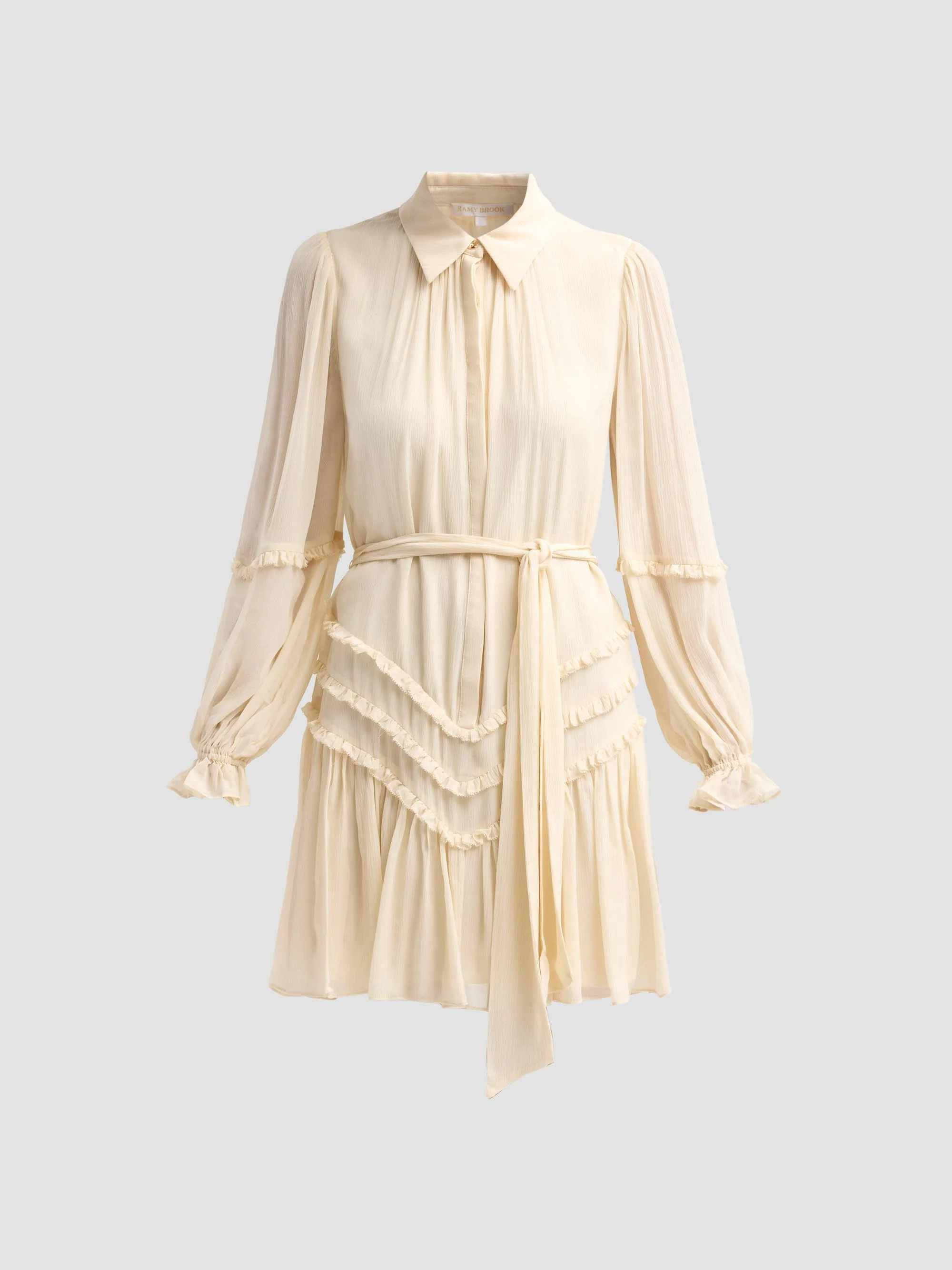 Women's Maya Ruffled Silk Long-Sleeve Belted Mini Shirtdress - Bone - 1