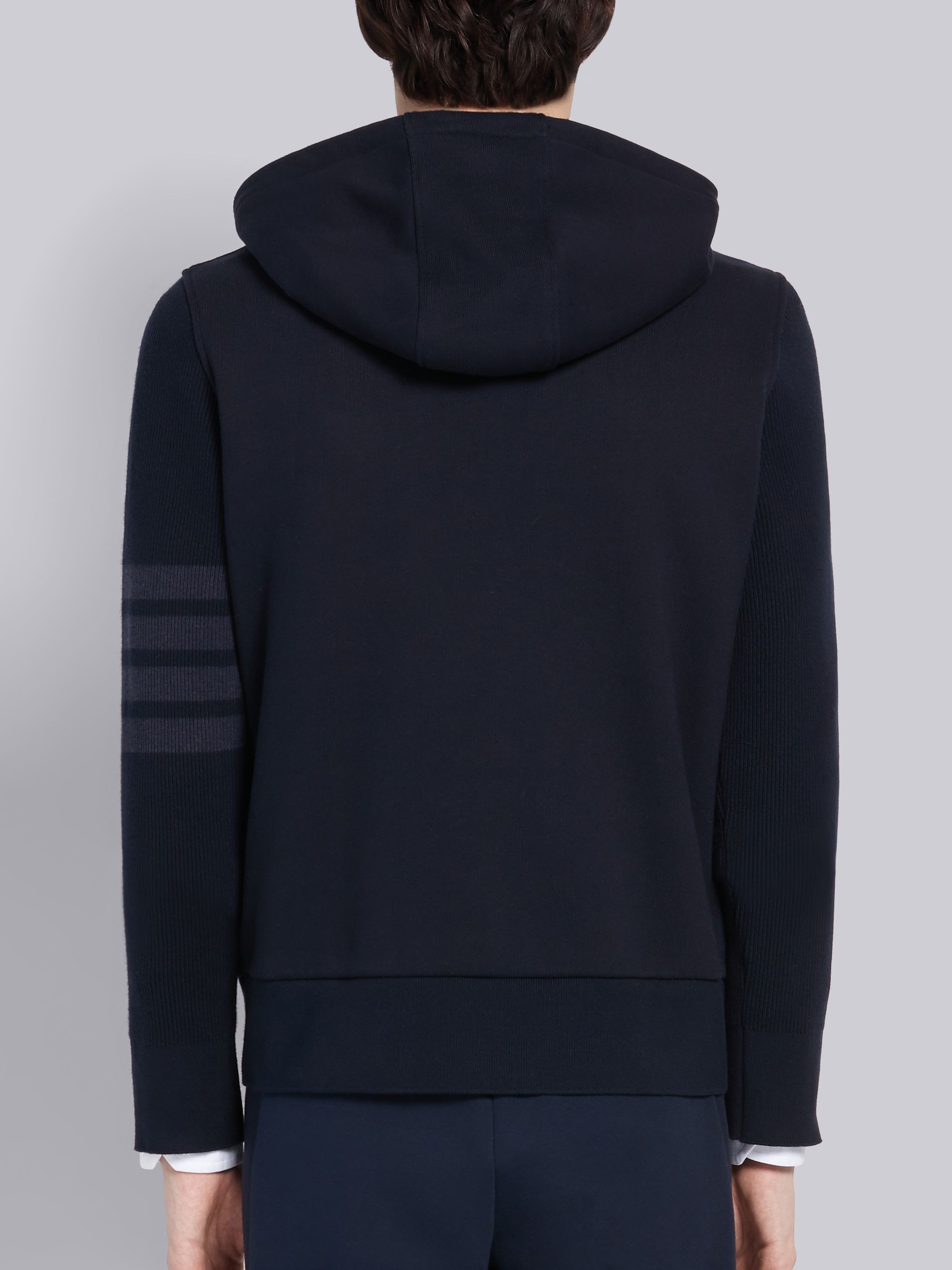 Navy Classic Loopback Ribbed Sleeves 4-Bar Pullover Hoodie - 2