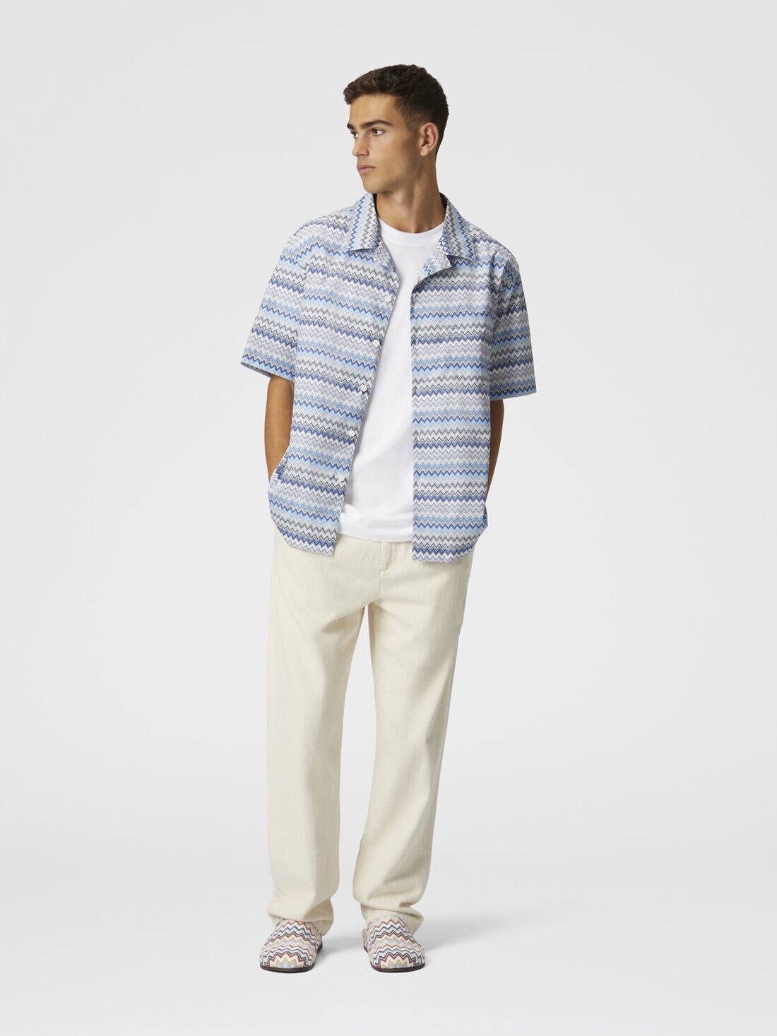 Zig zag cotton poplin bowling shirt with breast pocket - 2