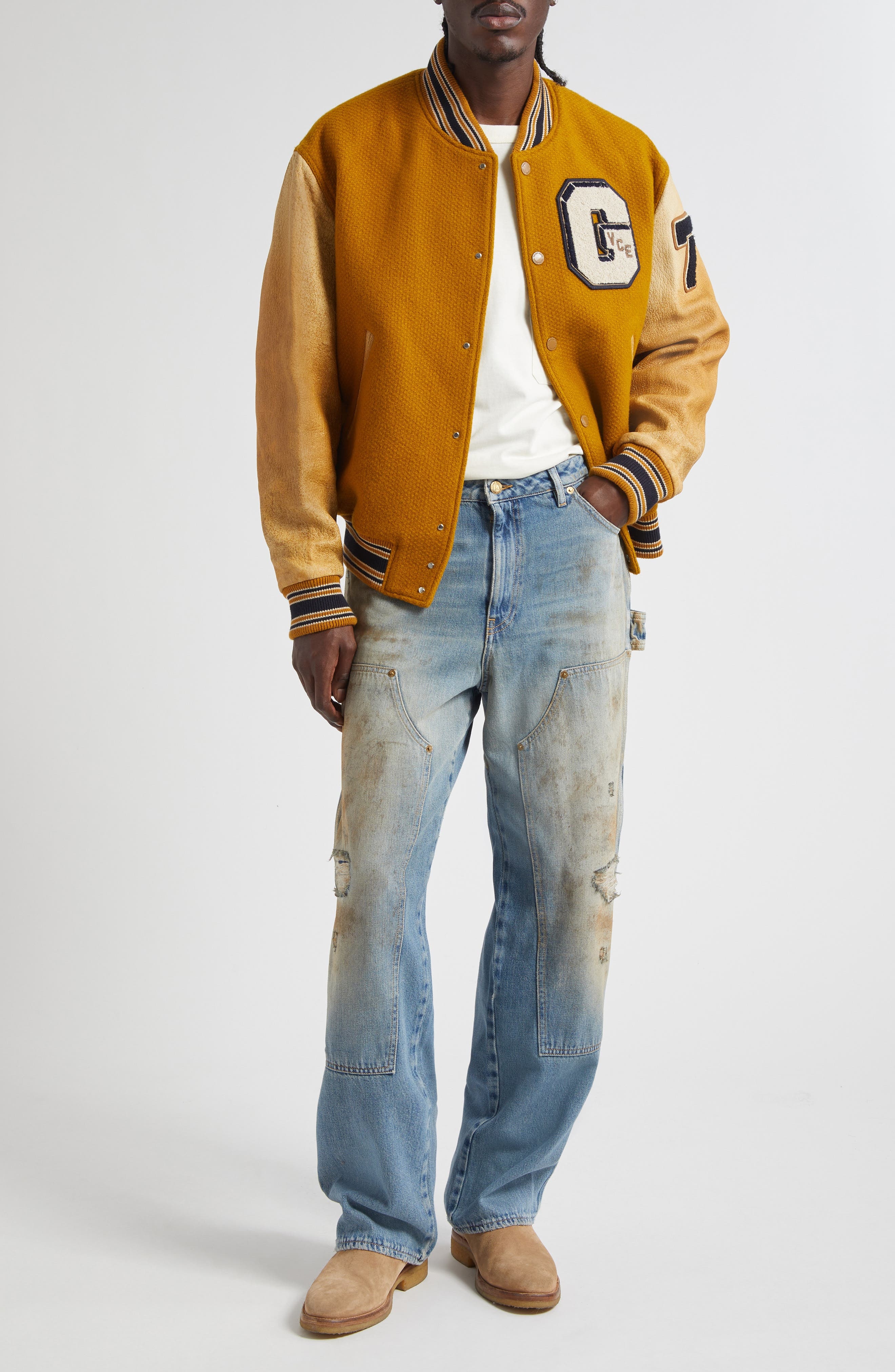 Golden Goose Journey Mixed Media Varsity Bomber Jacket in Wood Thrush at Nordstrom - 2