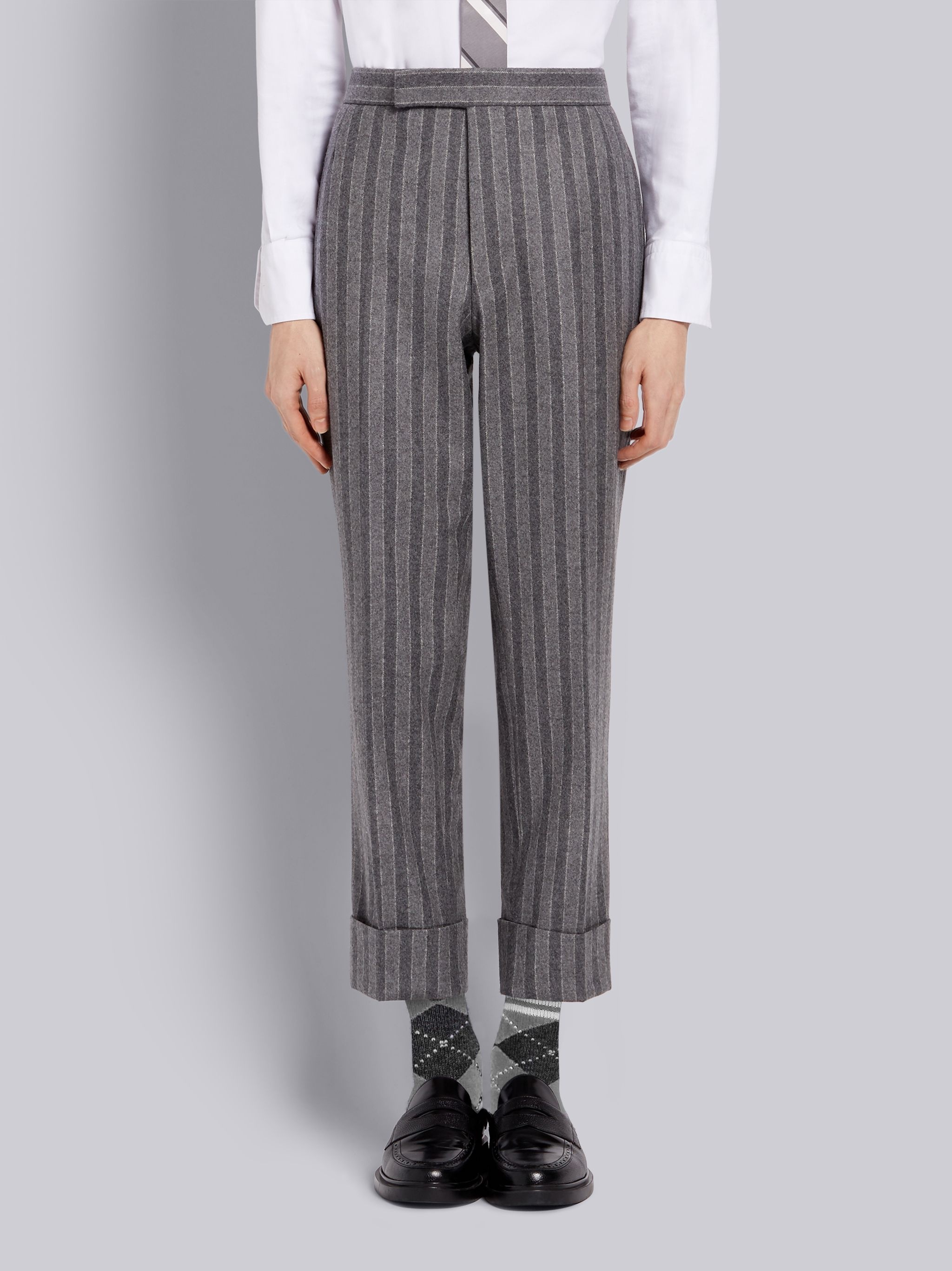 Medium Grey Ground Chalk Stripe Wool Flannel Classic Trouser - 1