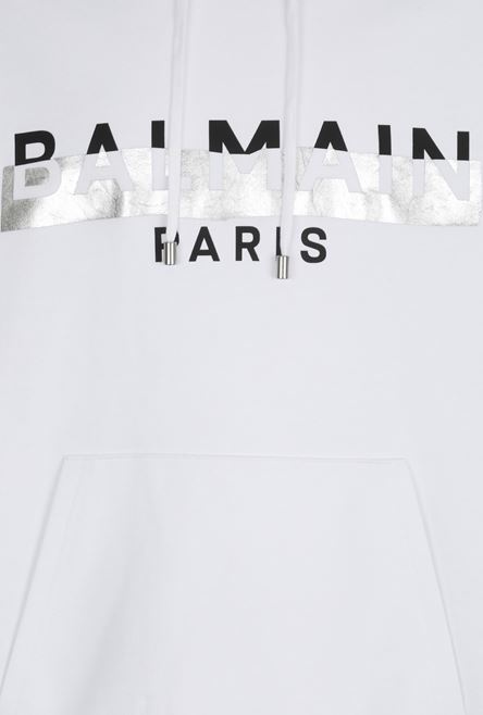 White eco-designed cotton sweatshirt with black and silver Balmain Paris metallic logo print - 3