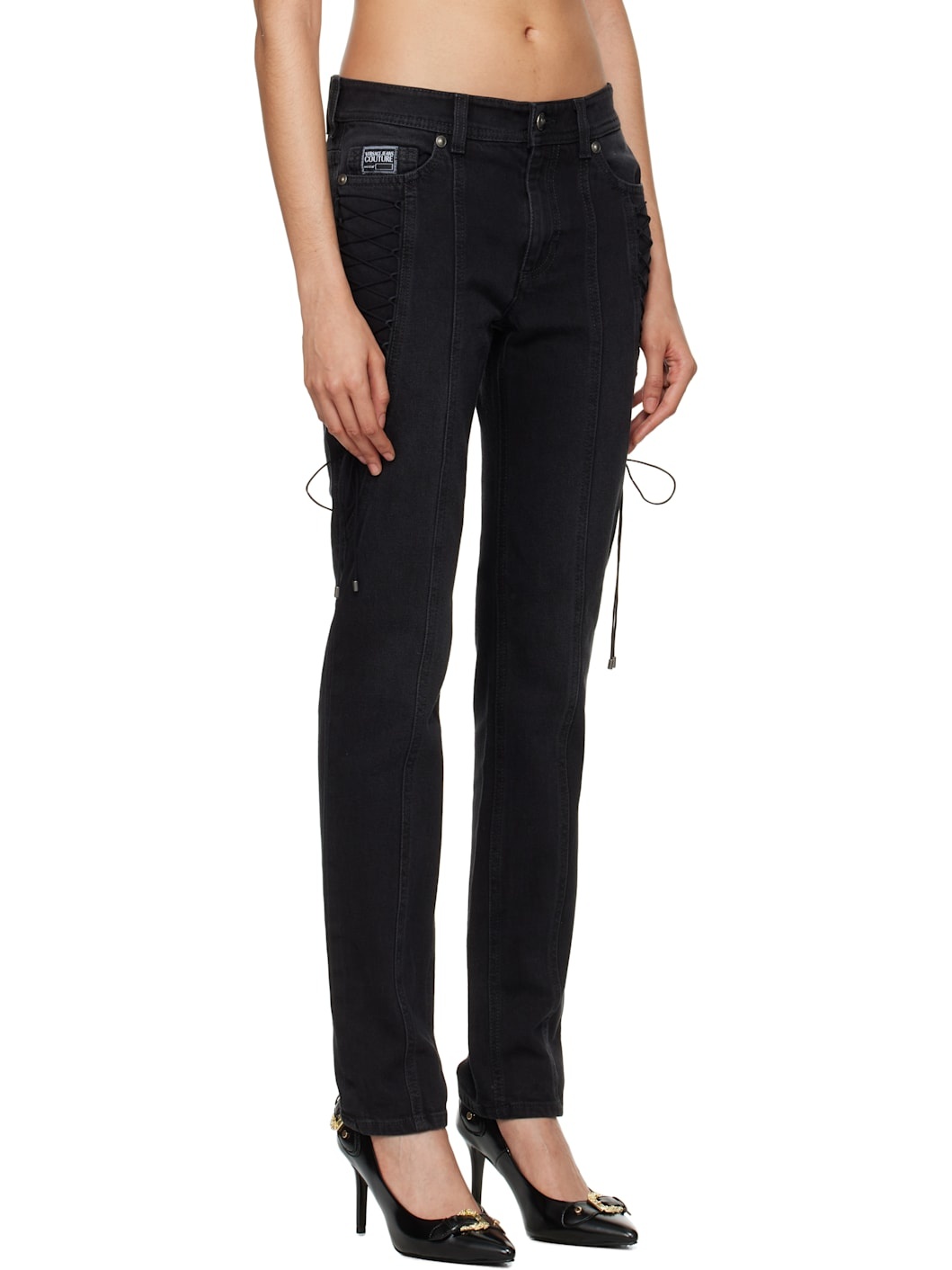 Black Lace-Up Slim-Fit Jeans - 2
