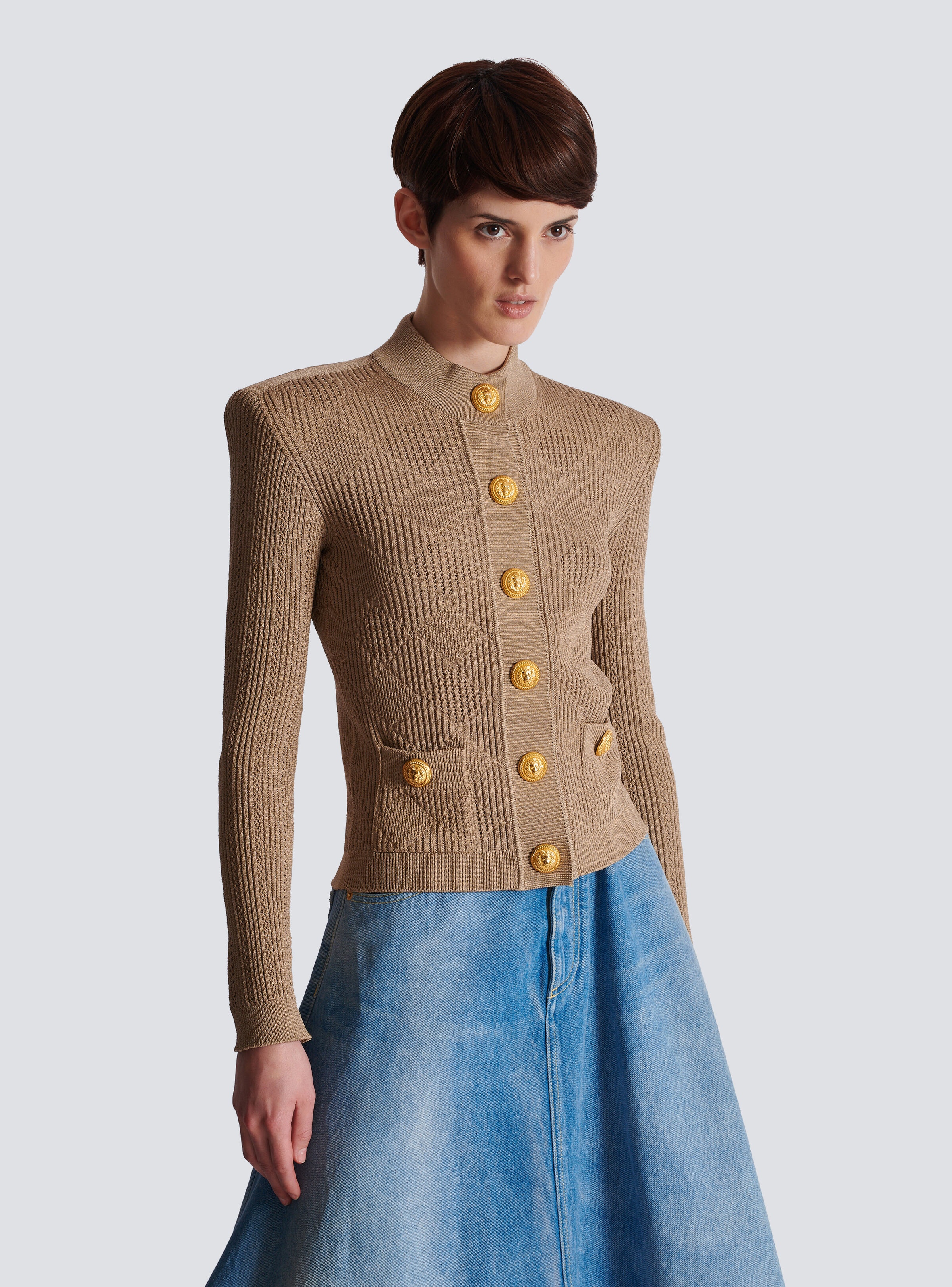 Gingham openwork knit cardigan - 6
