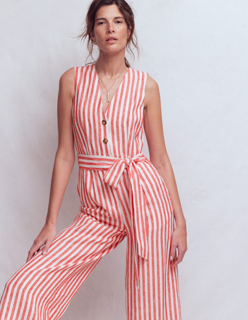 BODEN Laura V-neck Linen Jumpsuit-Red, Ivory Stripe outlook