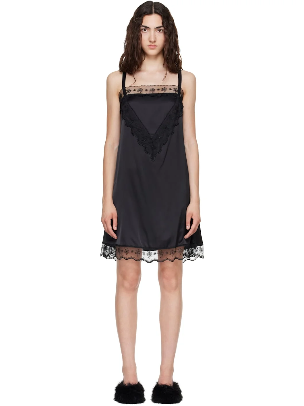Black Square Neck Lace Trim Minidress - 1