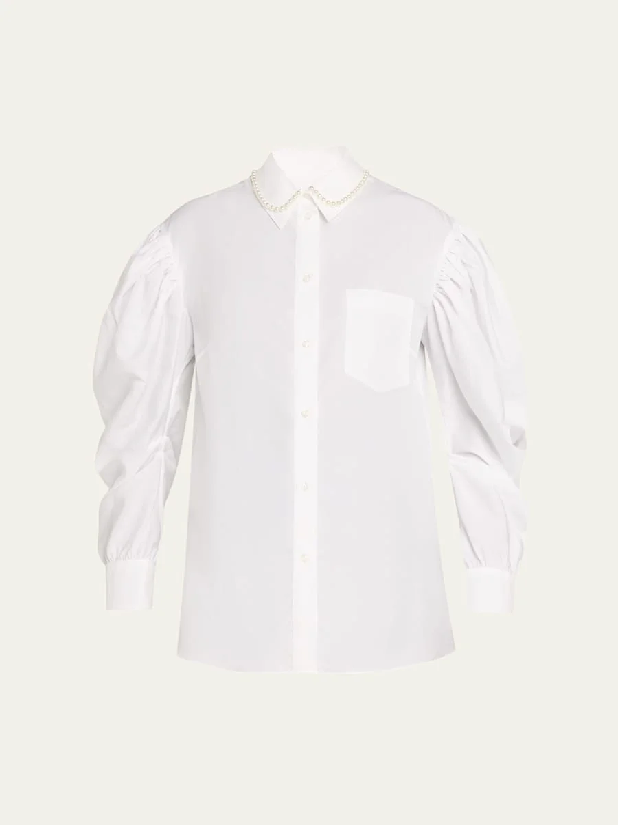 Pearly-Collar Draped-Sleeve Cotton Button-Down Shirt - 1