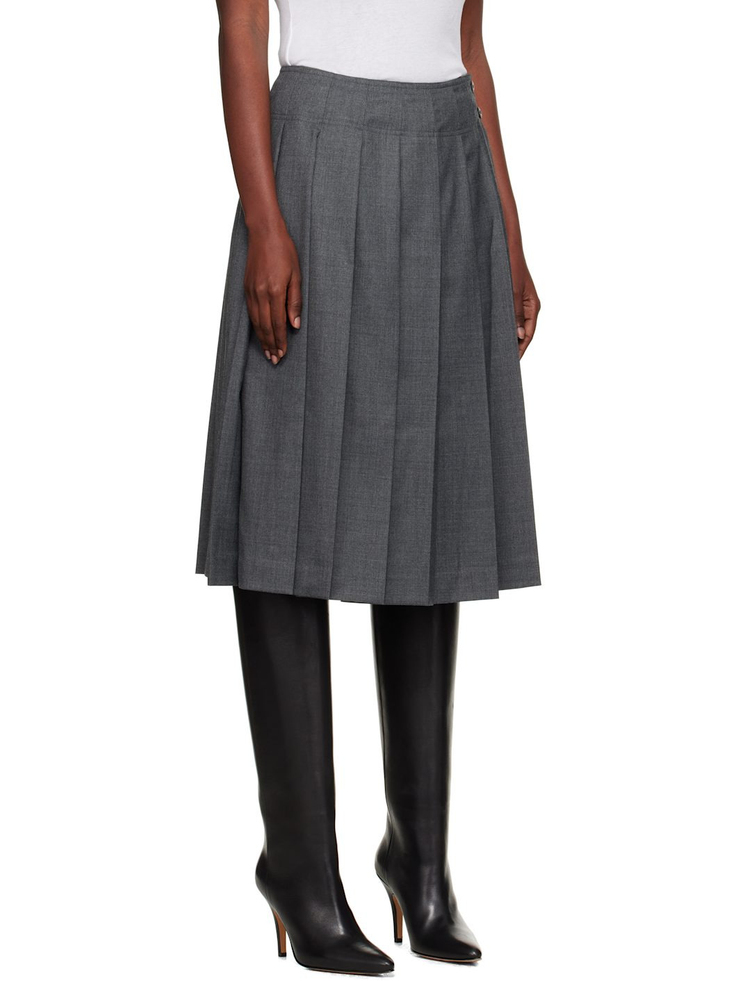 Gray Wool Pleated Midi Skirt - 2
