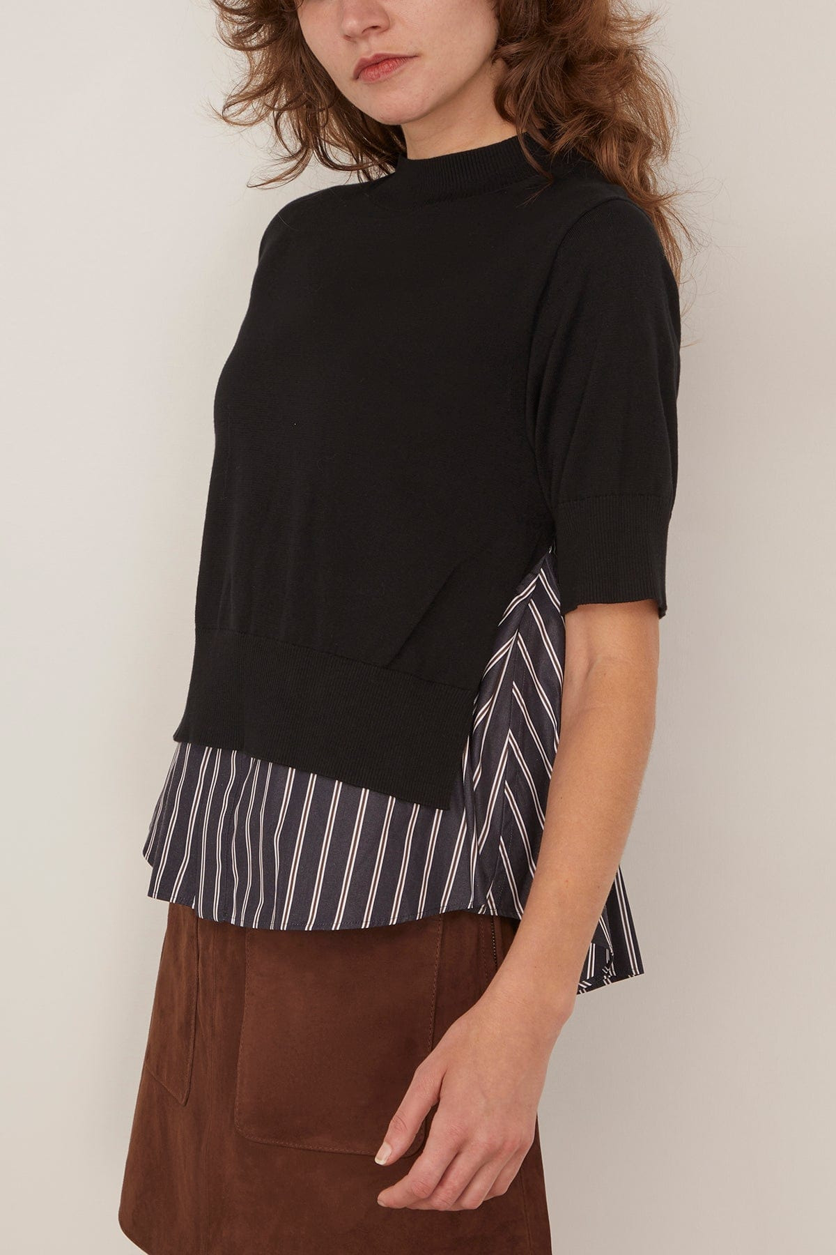 Poplin x Knit Pullover in Black/Dark Navy Stripe - 3