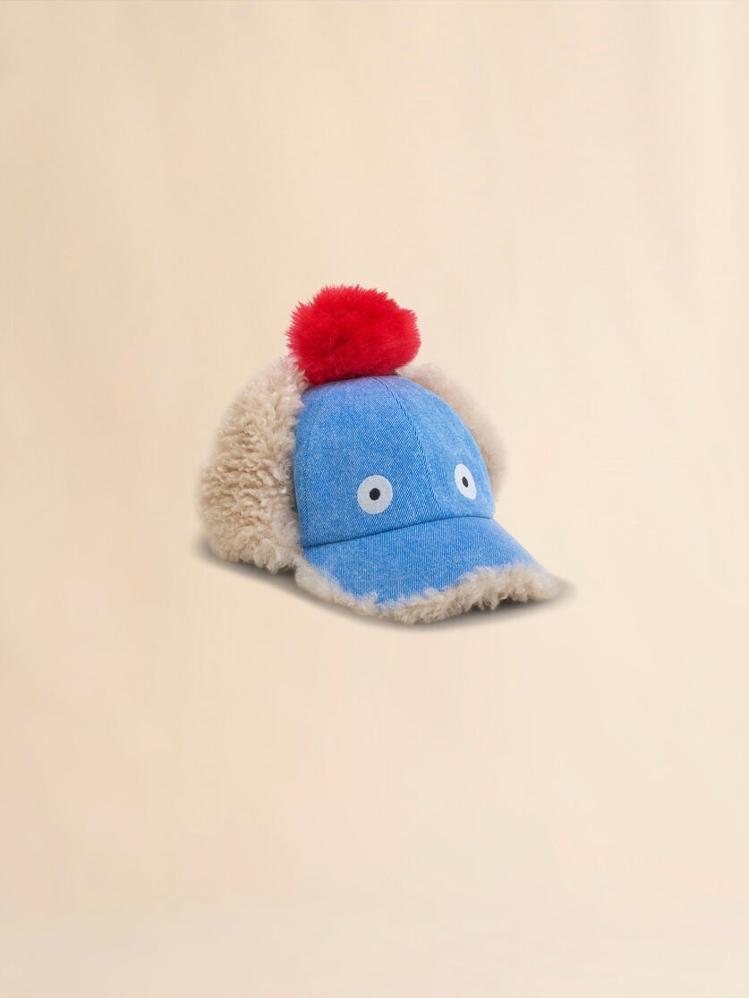 BLUE DENIM BASEBALL CAP WITH POMPON DETAIL - 1