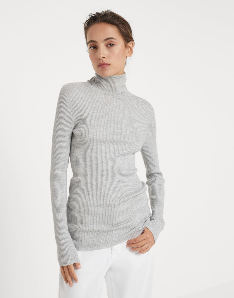 Lightweight turtleneck sweater in sparkling cashmere and silk rib knit - 1