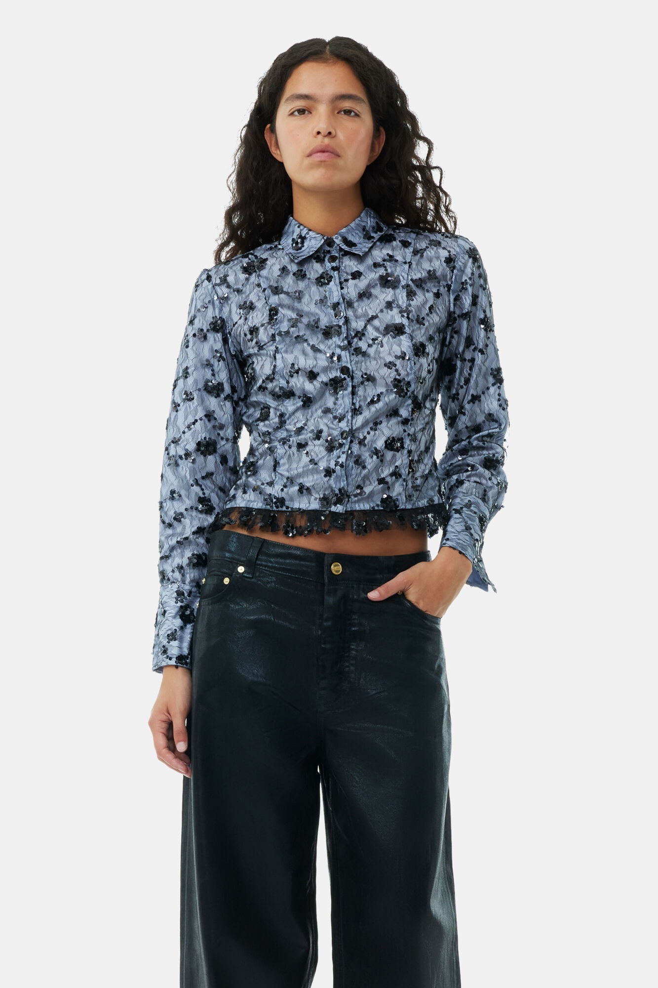 BLACK FOIL DENIM WIDE JEANS - 3