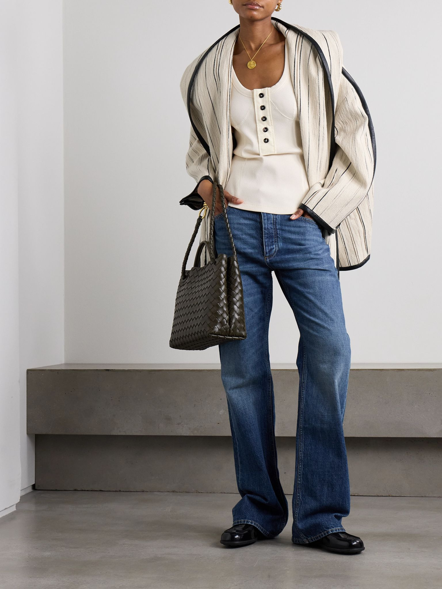 Oversized leather-trimmed striped cotton-blend bouclé coat Off-white - 2