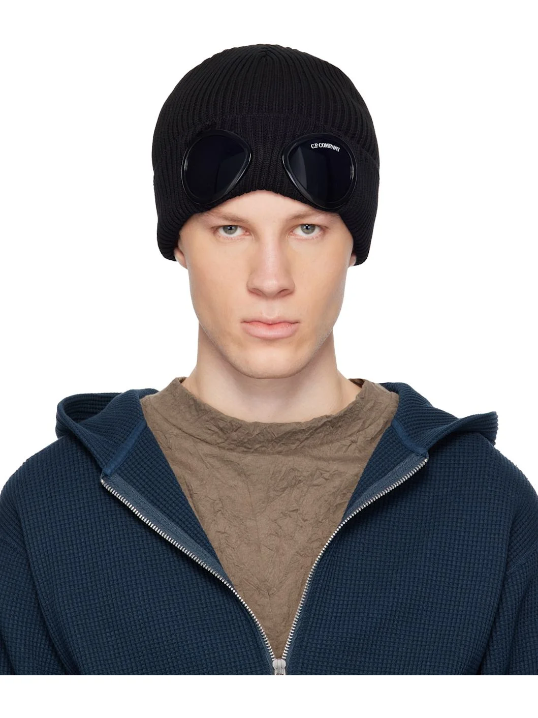 Black Cotton Goggle Beanie - 1