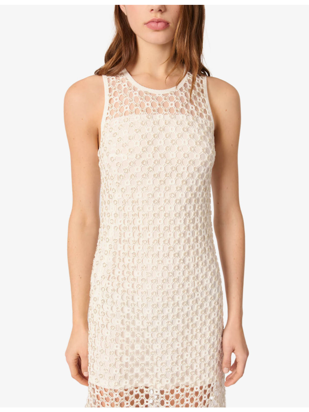 Bead-Embellished Crochet-Overlay Woven Midi Dress - 5